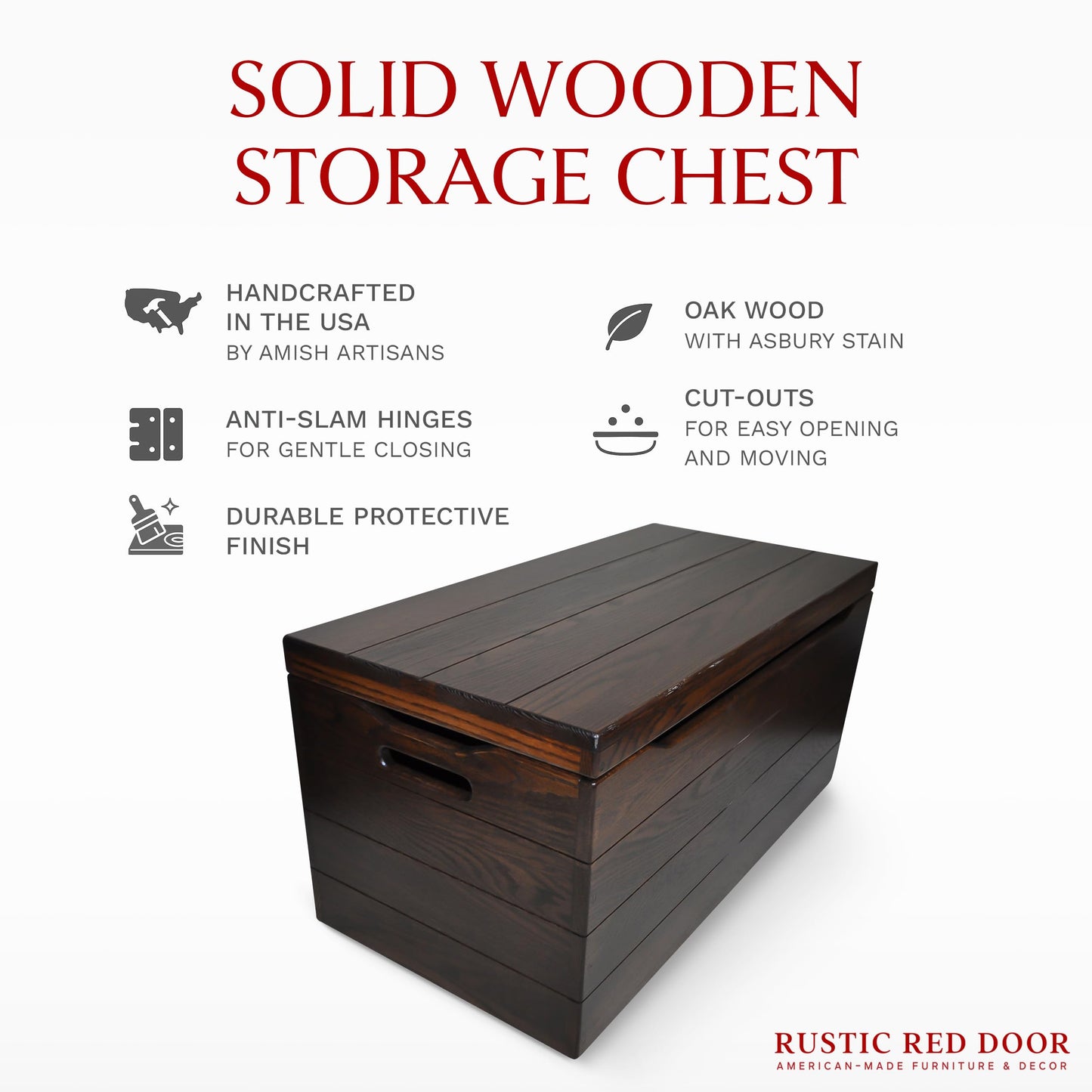 Wooden Storage Chest Trunk Box with Lid and Handles. Handmade, Rustic, Oak Wood, Cherry Stain, 30"