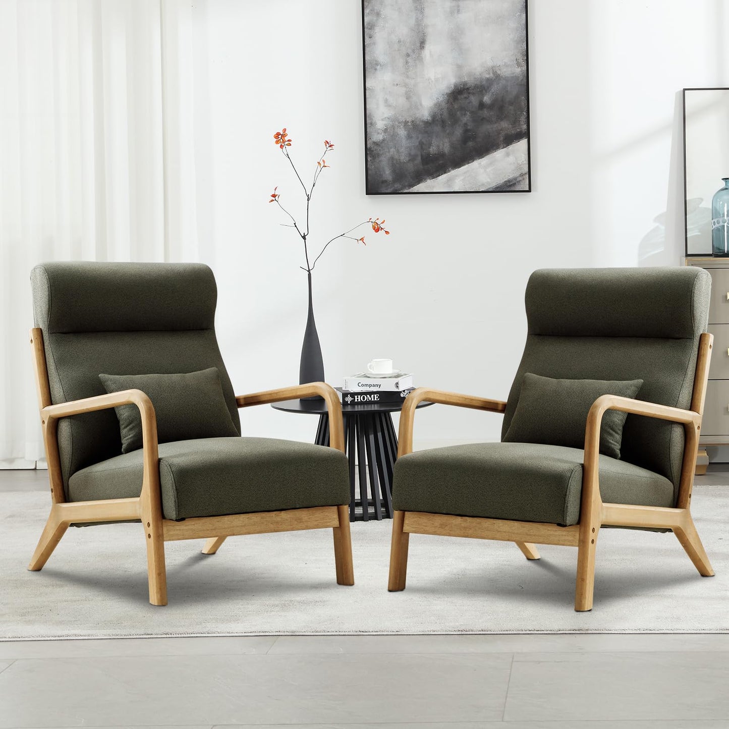 IOMOR Accent Chair Mid Century Modern Chair Linen Fabric Living Room Chairs with Solid Wood Frame Comfy Upholstered and Lumbar Pillow Reading Side Chair Easy Assembly for Bedroom Room (1, Linen Green)