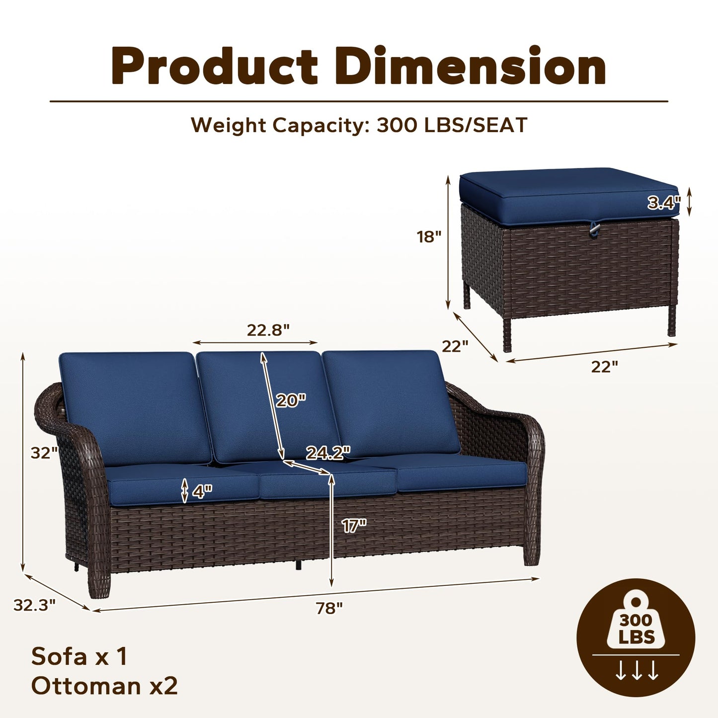 55 inch Outdoor Wicker 2 Seater Sofa, All-Weather Use Patio Rattan Loveseat with Seat and Back Cushion, Ideal for Porch, Backyard, Balcony, Poolside, Blue