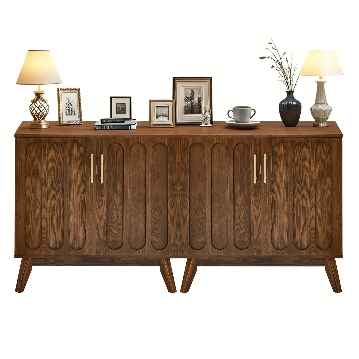 LKTART Mid Century Modern Storage Cabinet with Rattan Sliding Doors and Open Shelves, Boho Style Wooden Sideboard Buffet for Living Room,Dark Walnut