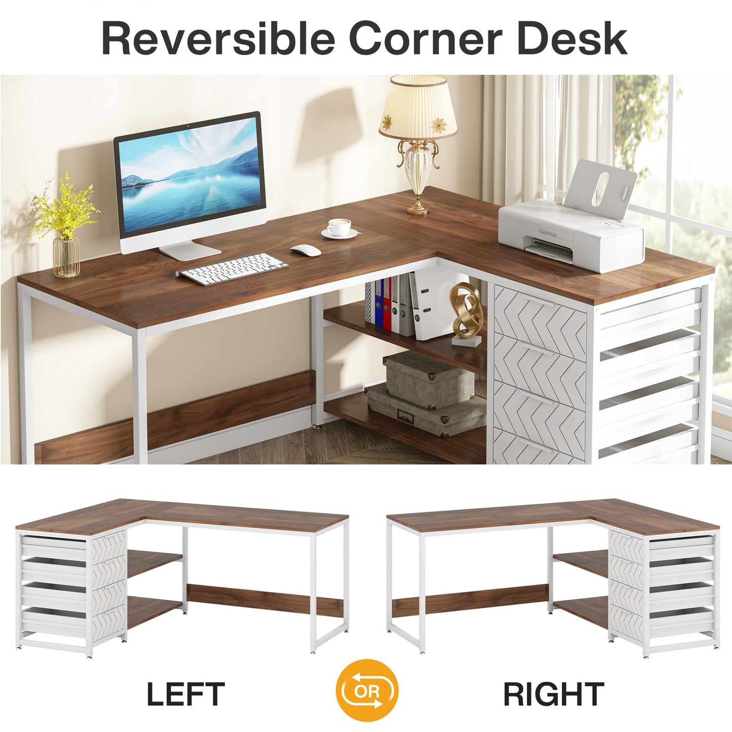 Tribesigns L Shaped Computer Desk with Storage Drawers, 59 inch Corner Desk with Shelves, Reversible L-Shaped Office Desk Study Writing Table Workstation for Home Office, Walnut & White