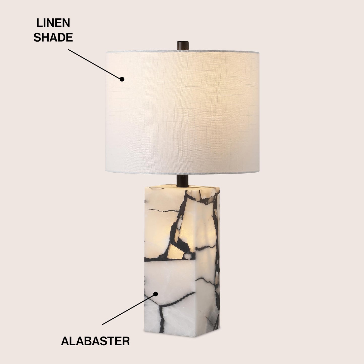 JONATHAN Y 24.25" Black/White Modern Alabaster LED Table Lamp for Home Decor, White Linen Shade, Coastal Nightstand Lamp with Built-in Base Accent Light (JYL8507A)