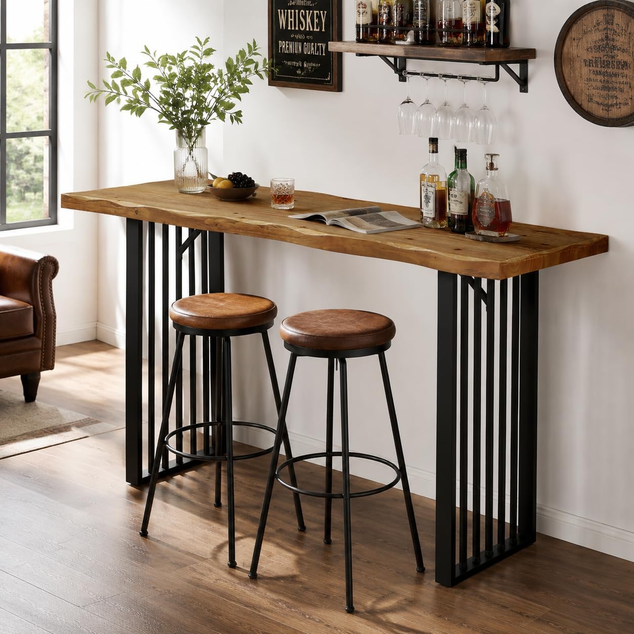 63-Inch Long Bar Table, Solid Wood Pub Table with Metal Legs, Industrial Rectangular High Top Bar Unit for Home Bar, Kitchen, Dining Room, Bistro
