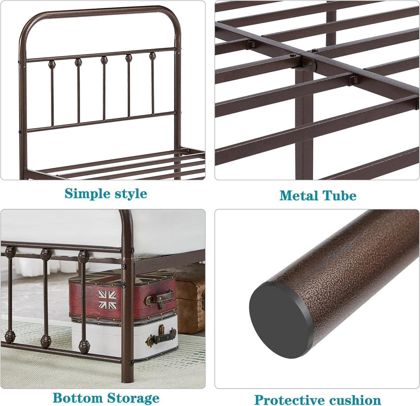 VECELO King Size Victorian Style Metal Bed Frame with Headboard/Mattress Foundation/No Box Spring Needed/Under Bed Storage and Strong Slat Support Purple Bronze