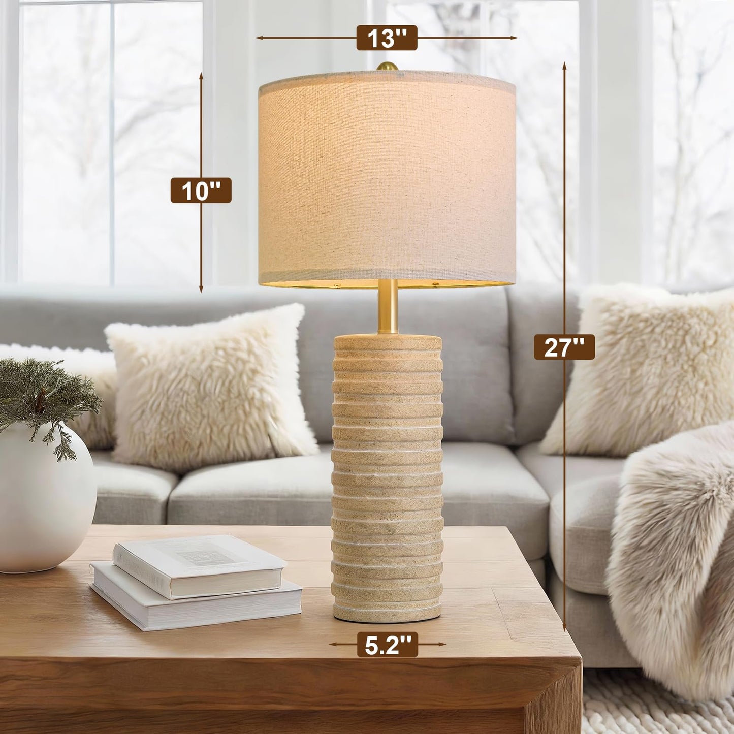 PoKat 27'' Farmhouse Table Lamps Set of 2 for Living Room, Stone-Like Bedside Lamp for Bedroom, Boho Ceramic Tall Lamps for Nightstand Office Sideboard Entryway Distressed (Antique Beige)
