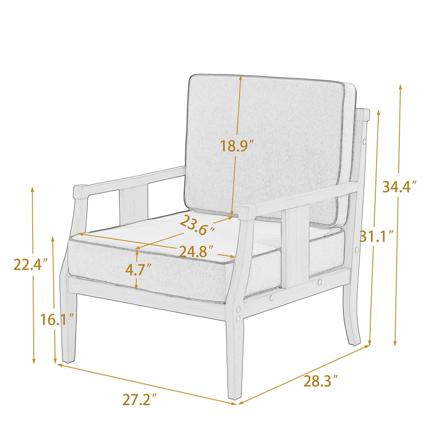 Outdoor Patio Armchairs Set of 2, All-Weather Solid Wood Patio Furniture Sets, Outdoor Sofa Chairs with Washable Thick Cushions for Porch, Balcony, Deck, Black Frame & Gray Cushion