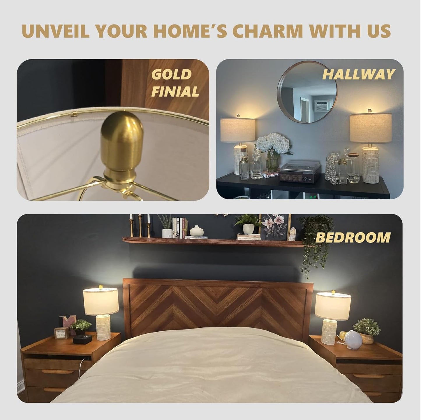 PoKat 64'' Antique Gold Ceramic Floor Lamp for Living Room Bedroom and 20'' Ceramic Table Lamps Set of 2