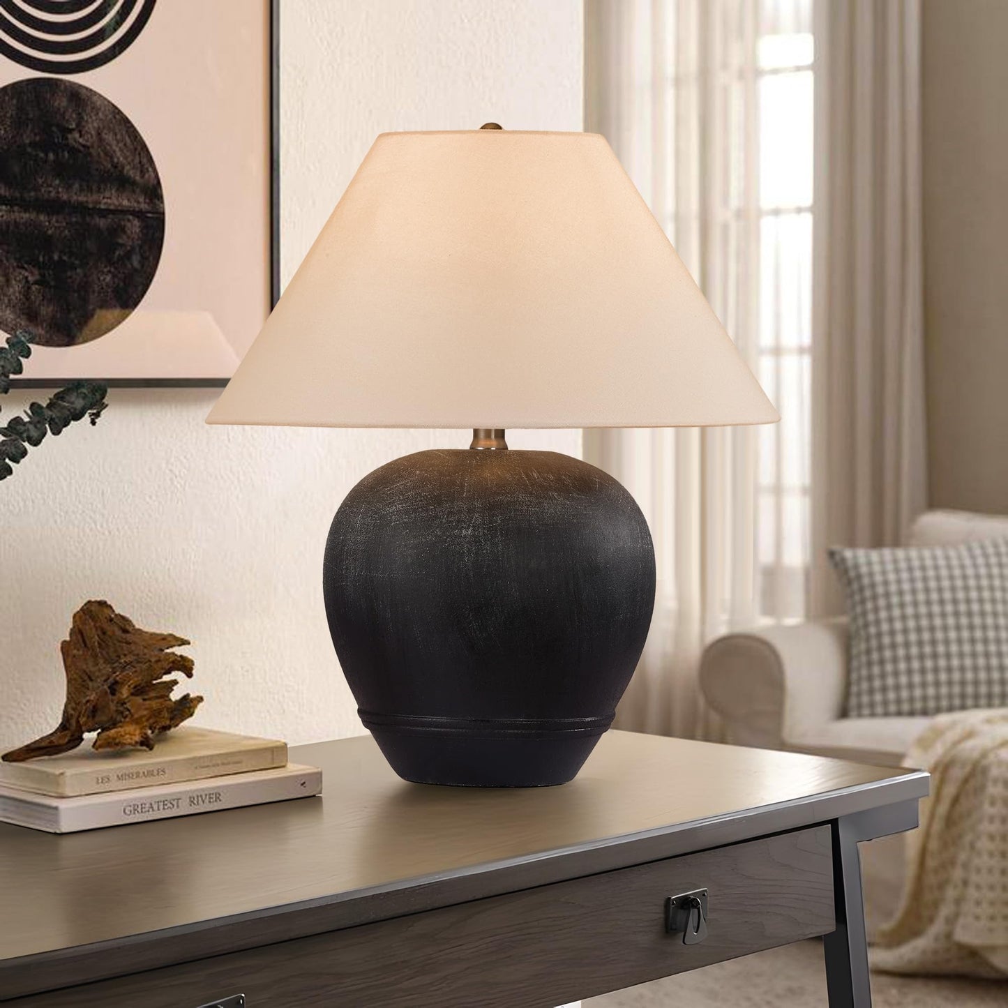 Farmhouse Ceramic Table Lamp, 21" Rustic Table Lamp with Linen Shade, 3-Way Dimmable Bedside Nightstand Lamps for Bedroom, Living Room, E26 Socket, Dark Grey