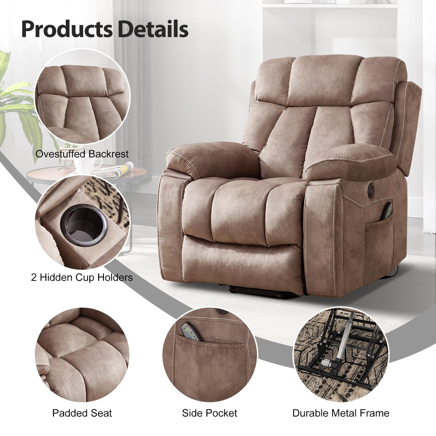 IOMOR Large Power Lift Recliner Chair for Elderly with Massage and Heat, Electric Lift Recliner Single Sofa with with 2 Cup Holders, Side Pocket & USB Charge Port for Living Room (1, Dark Gray)