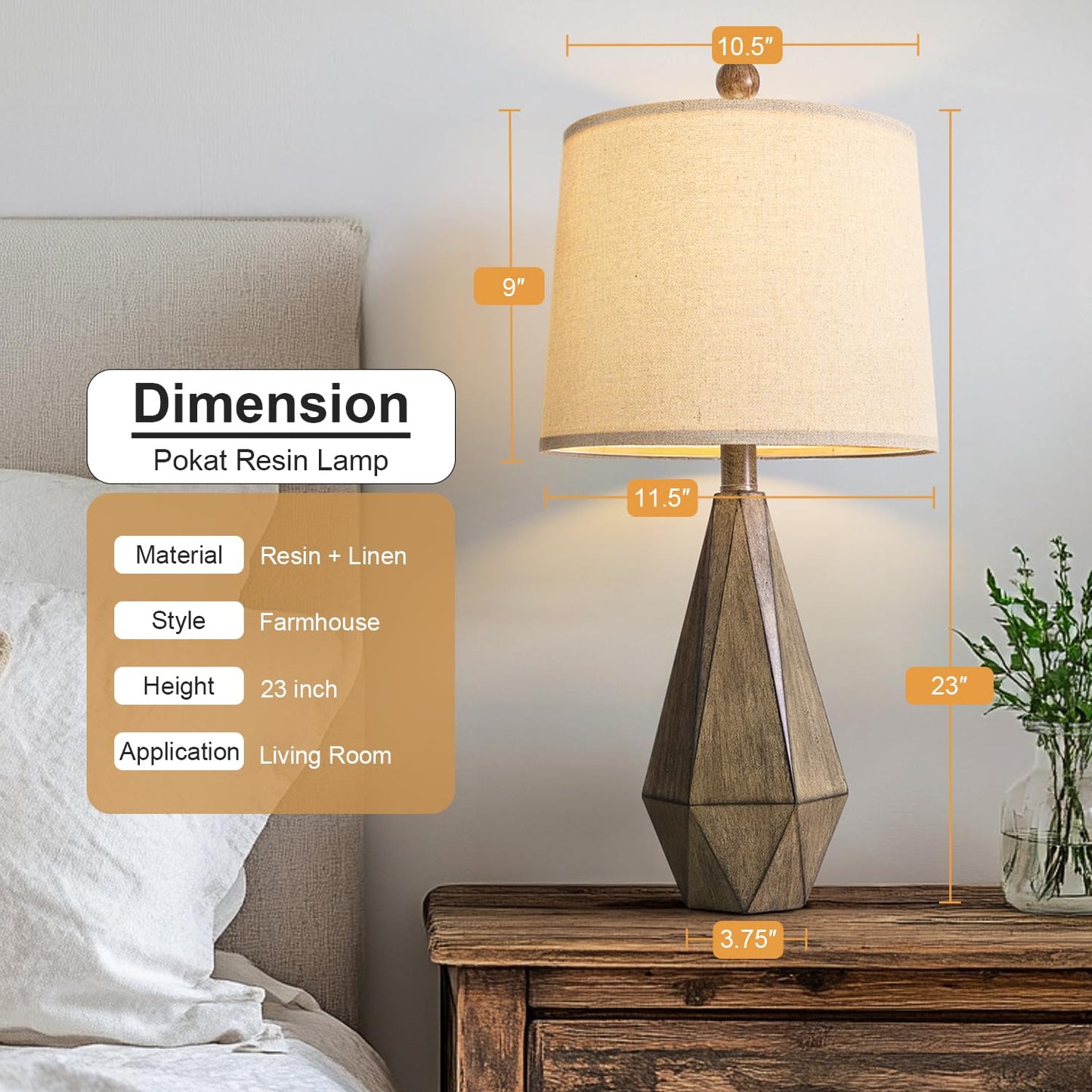 PoKat 20.25" Retro Farmhouse Table Lamp Set of 2 - Living Room & Bedroom Rustic Linen Bedside Nightstand Lamps for Kids, Study, Office - Resin, Suitable for Small Places