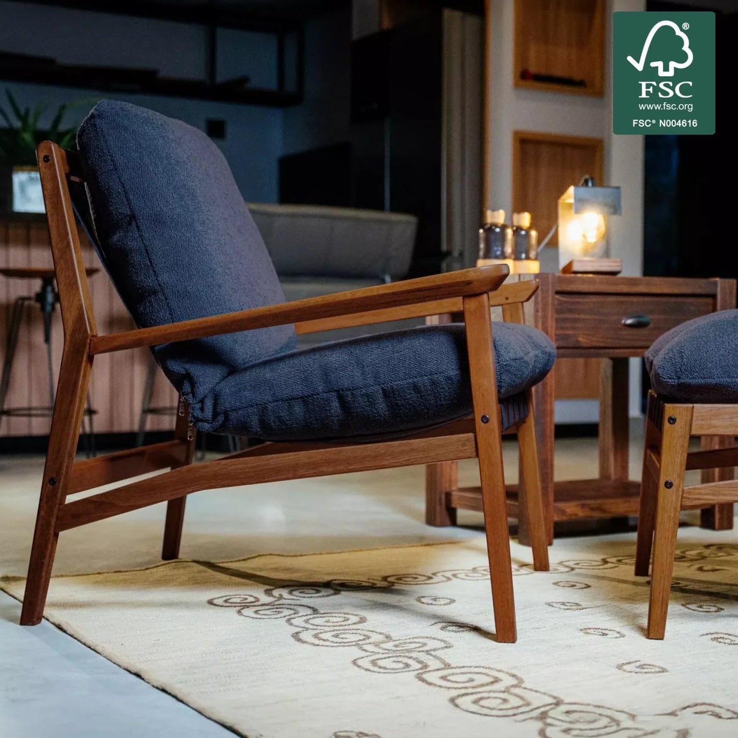 Grain Wood Furniture Solid Wood Mid Century Lounge Chair with Stone Gray Cushions