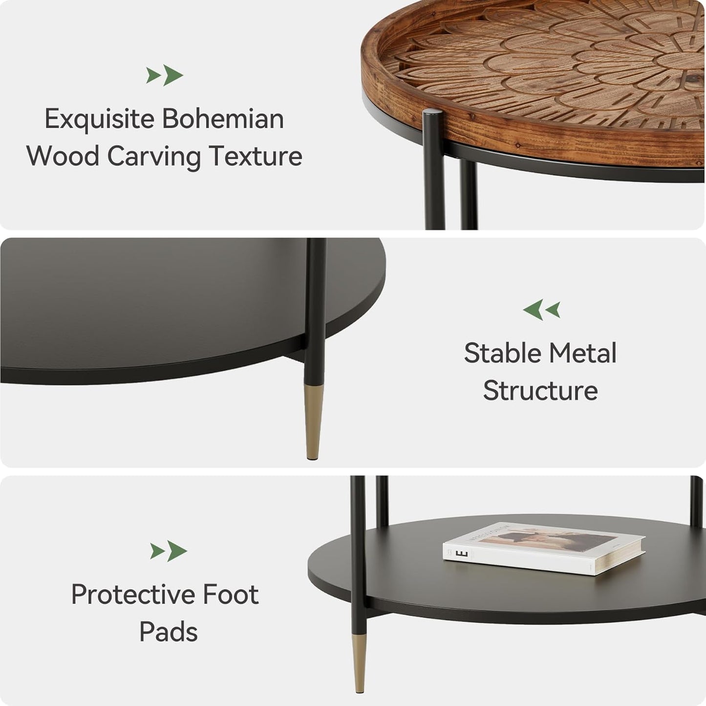 Solid Wood Round Coffee Table, 31.5-Inch Boho Center Tea Table with Metal Storage Frame & Carved Floral Pattern, Living Room Coffee Table Furniture for Small Spaces, Apartment, Rustic Brown