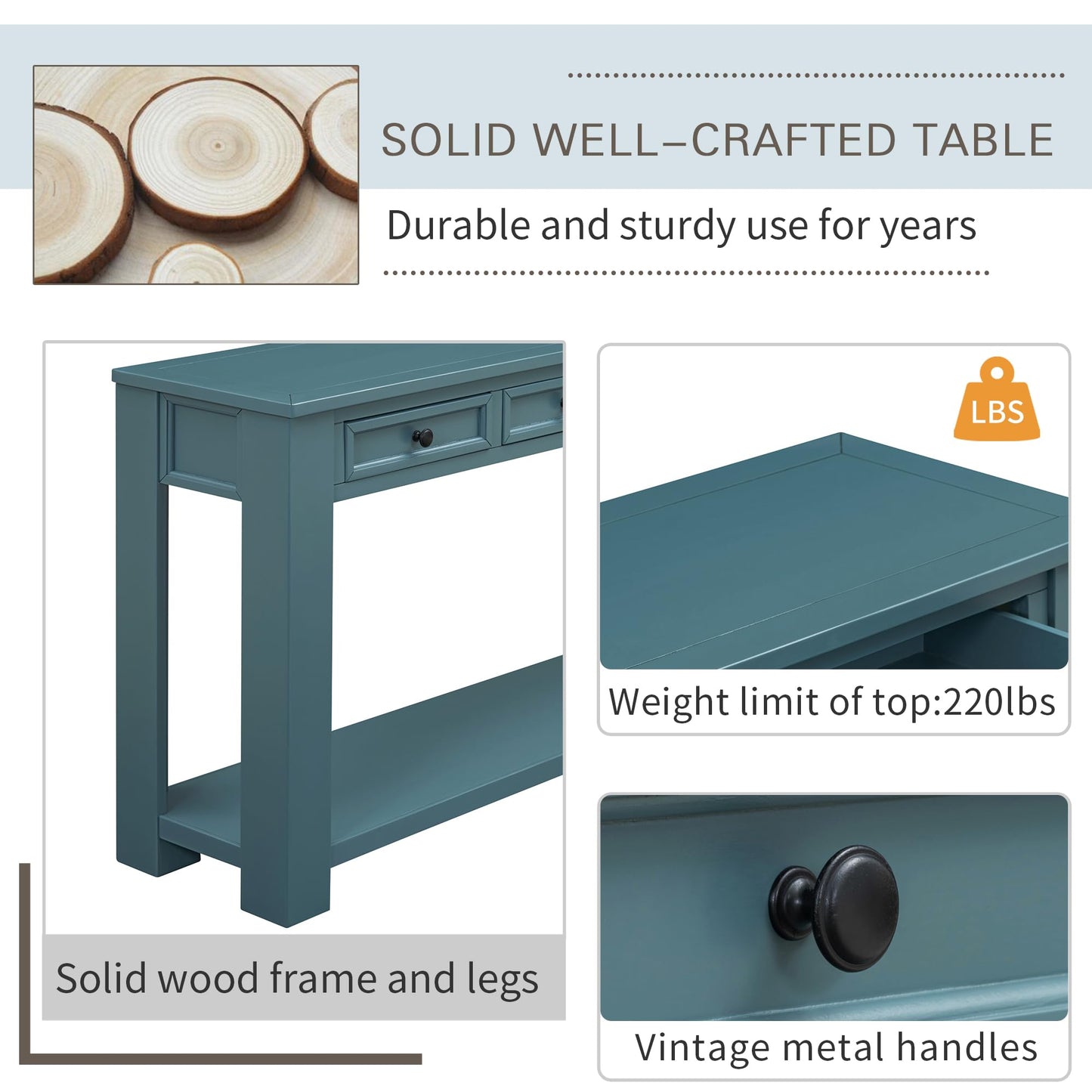 LKTART 63" Solid Wood Console Table Sofa Table with Storage Drawers and Bottom Shelf,Farmhouse Entryway Table for Hallway Foyer,Living Room,Easy Assembled (63" Espresso)