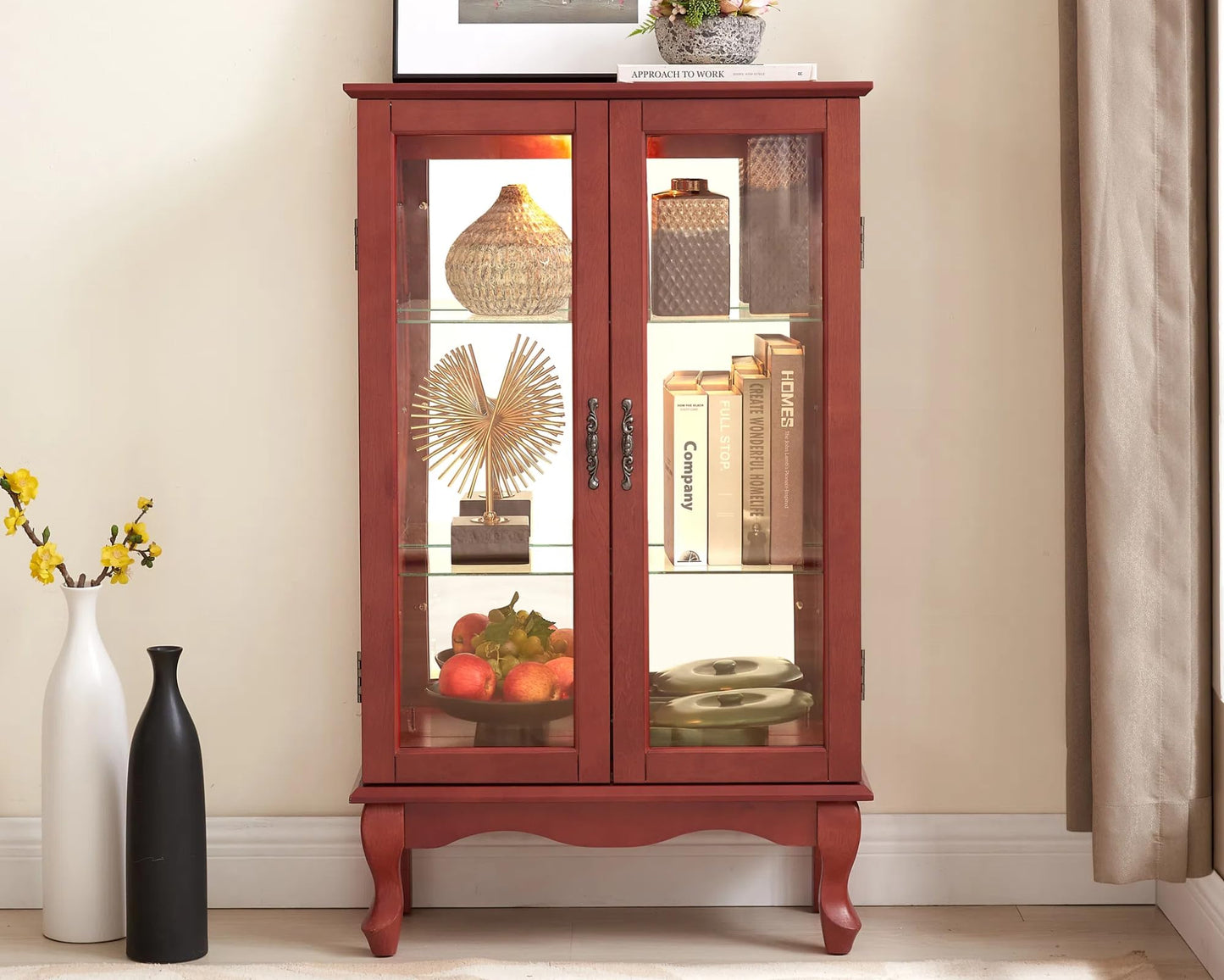 LKTART Curio Glass Display Cabinet,Storage Cabinet with Lights and Mirrored Back Panel,China Cabinet with Tempered Glass Doors and Shelves,Collectible Display Shelf,Included Bulb White