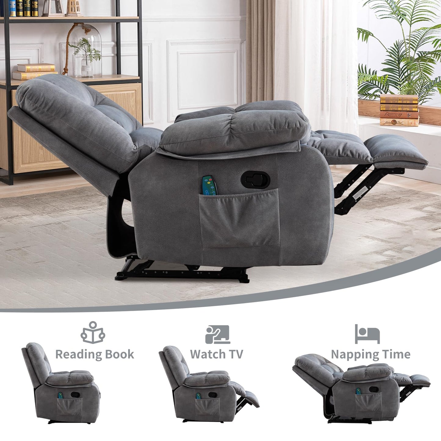 IOMOR Massage Recliner Chair with Heat and Massage, Ergonomic Overstuffed Breathable Fabric Reclining Chairs, Single Sofa Chair with Side Pockets for Living Room Home Theater (Dark Gray)