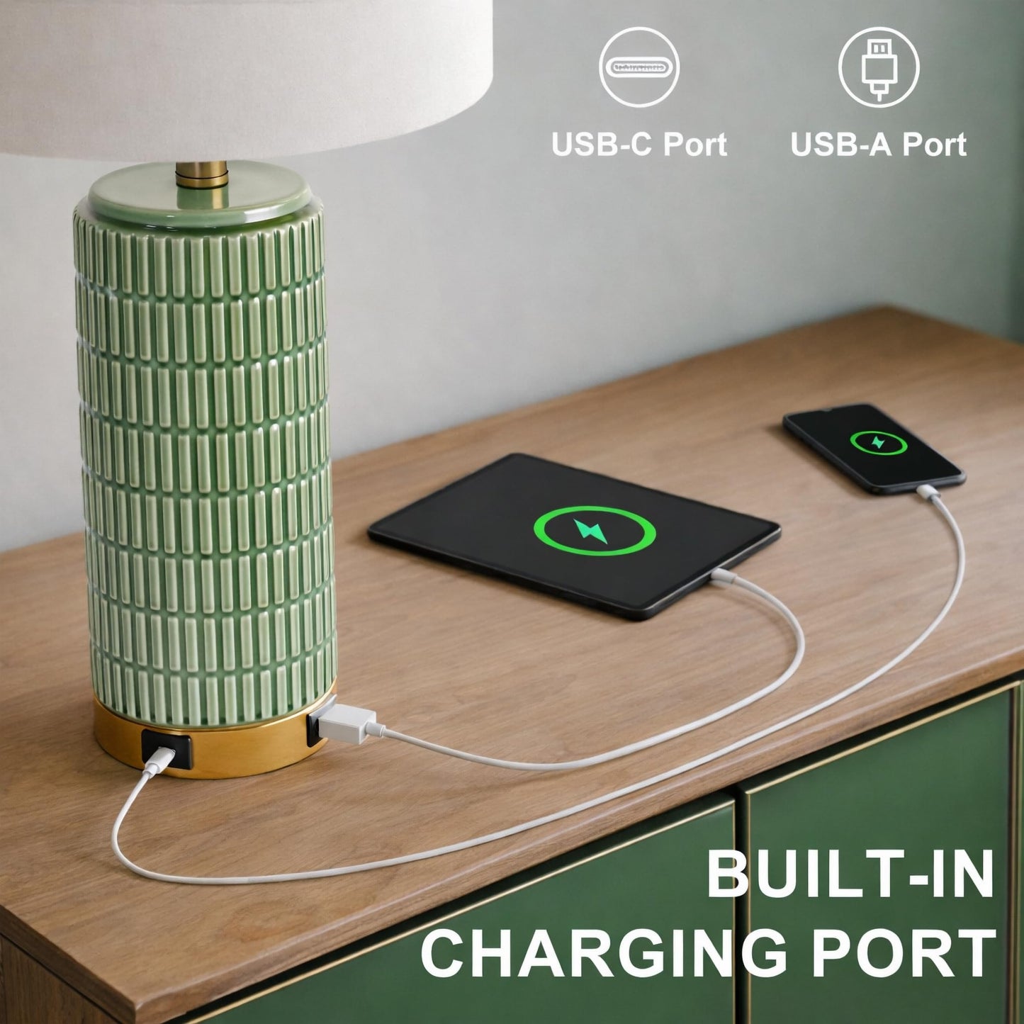 PoKat Touch Bedside Table Lamps with USB Ports for Bedroom Living Room, 25'' Dimmable Nightstand Touch Lamps for Living Room, Modern Ceramic Lamps for Night Stands Bedroom, Office, White and Beige