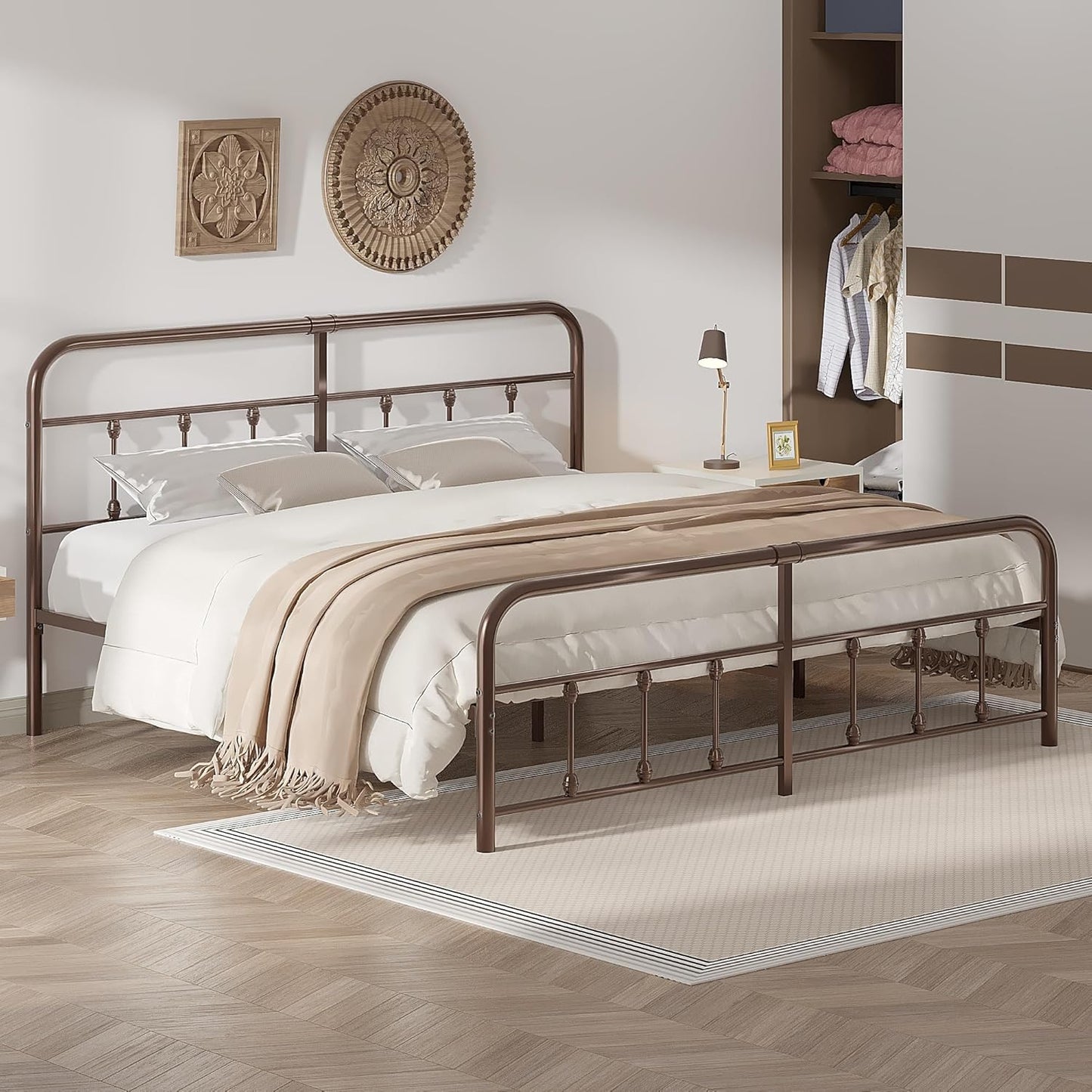 VECELO King Size Victorian Style Metal Bed Frame with Headboard/Mattress Foundation/No Box Spring Needed/Under Bed Storage and Strong Slat Support Purple Bronze