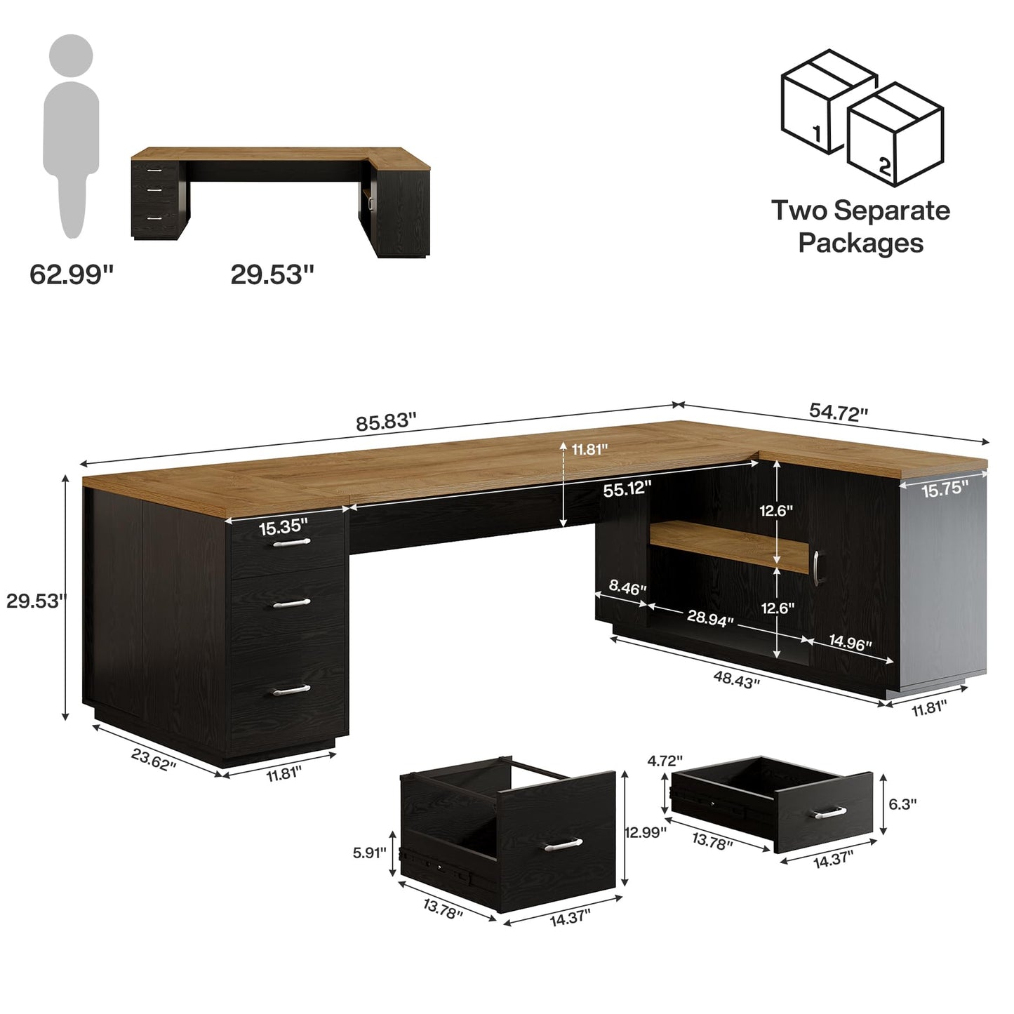 Tribesigns 85.8-Inch L-Shaped Executive Desk with File Drawers, Door Cabinet & Shelves, Extra Large Commercial Office Desk, Modern Professional Office Table, Business Furniture, Warm Brown & Black