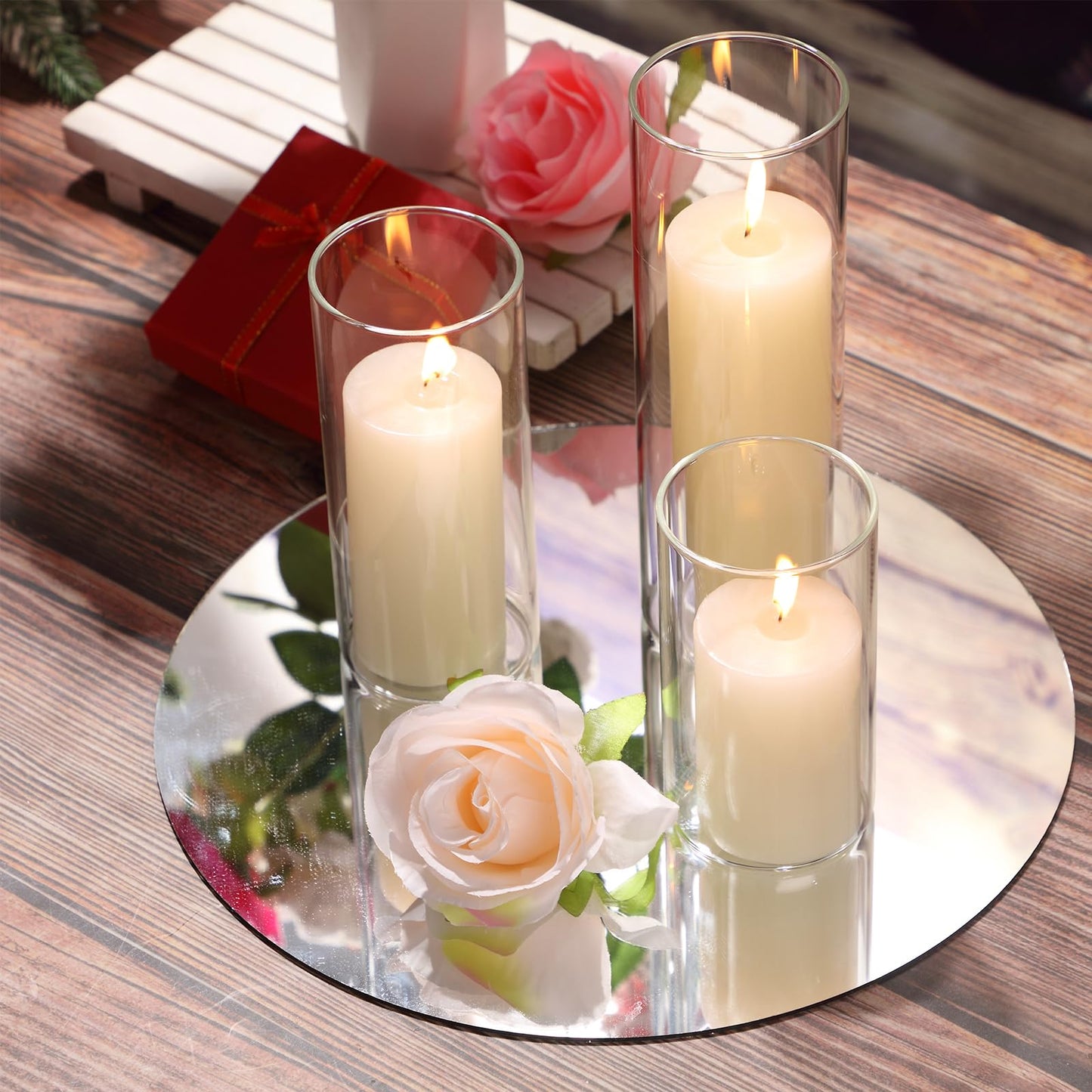 Shihanee Set of 3 Pillar Candles and 3 Glass Cylinder Candle Vases Holders Clear Pillar Jars for Wedding Centerpieces(3'' x 5.9'', 7.9'', 9.8'',Ivory White)