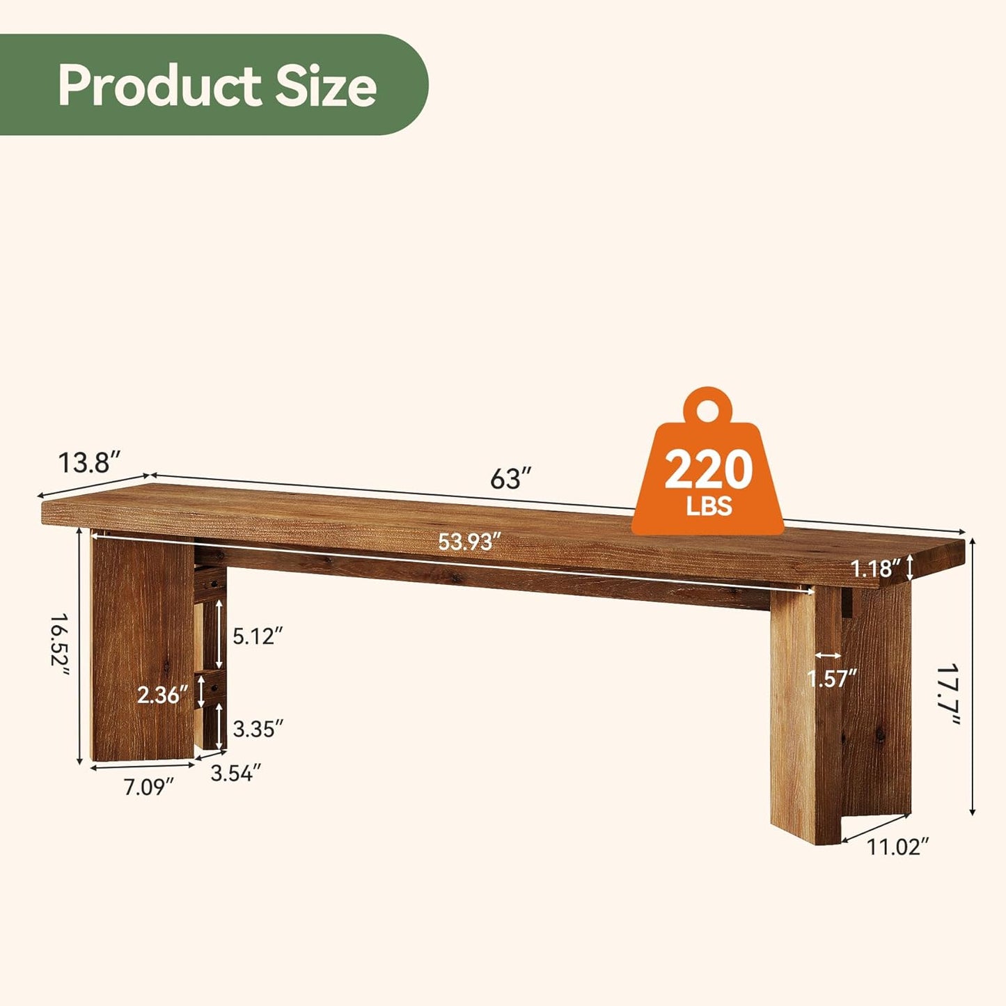 Solid Wood Entryway Bench, 62.99" Long Bench with Thickened Legs, Farmhouse Wooden Seating Benches for Entrance, Dining Room, End of Bed, Bay Window