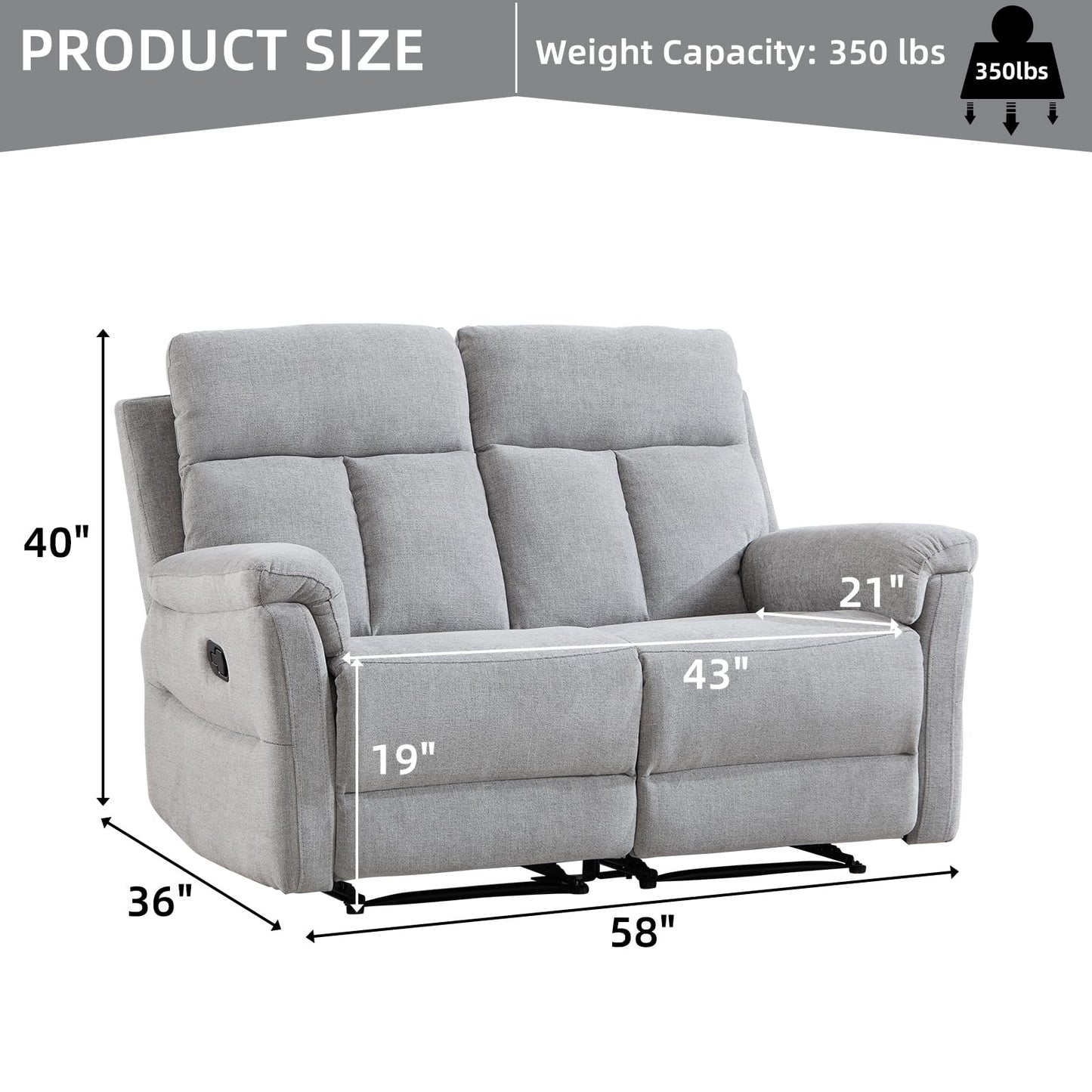 IOMOR Manual Reclining Loveseat, Soft Fabric Loveseat Recliner Couch for Adults with Overstuffed Arms and Back, Double Sofa Recliner for Living Room (Light Gray)