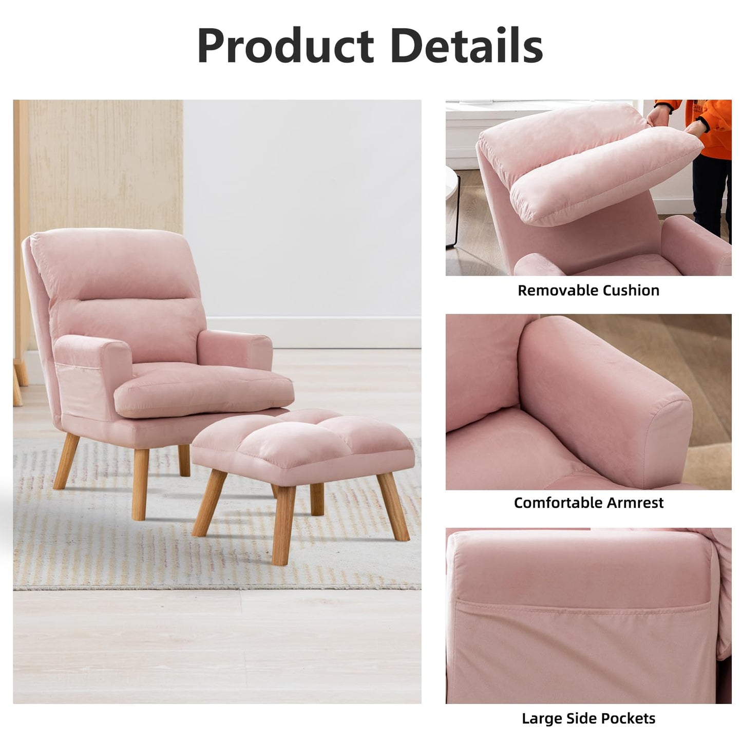 IOMOR Accent Chair with Ottoman Comfy Reading Chair Armchair with Adjustable Backrest and Side Pockets Soft Fabric Leisure Sofa for Bedroom, Living Room, Dorm Rooms, Garden, Beige