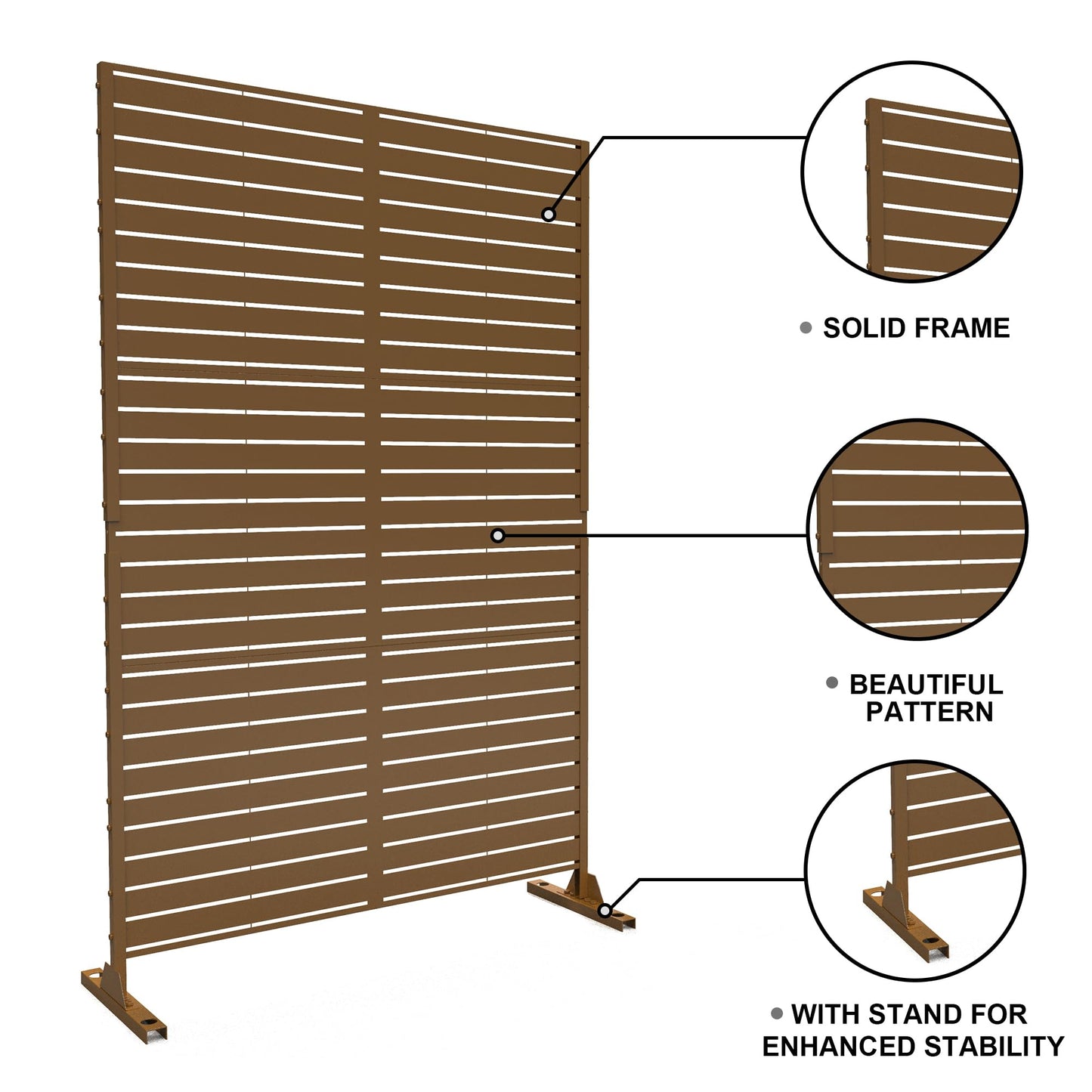 Outdoor Metal Privacy Screen with Stand, 72" H x 47" W Freestanding Outdoor Patio Divider, Decorative Patio Privacy Fence Panel for Garden Backyard Balcony Porch (Brown-Crossbanding)