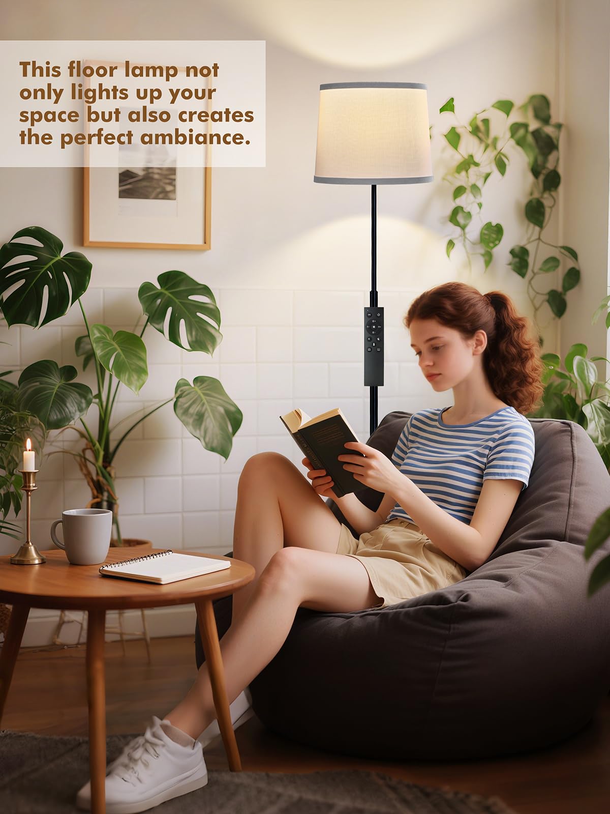 60" Modern Floor Lamp for Living Room Bedroom, Standing Lamp with Oatmeal Linen Lampshade, Tall Lamp with A19 9W 3 Color Temperature Bulb, Foot Switch Control, Black