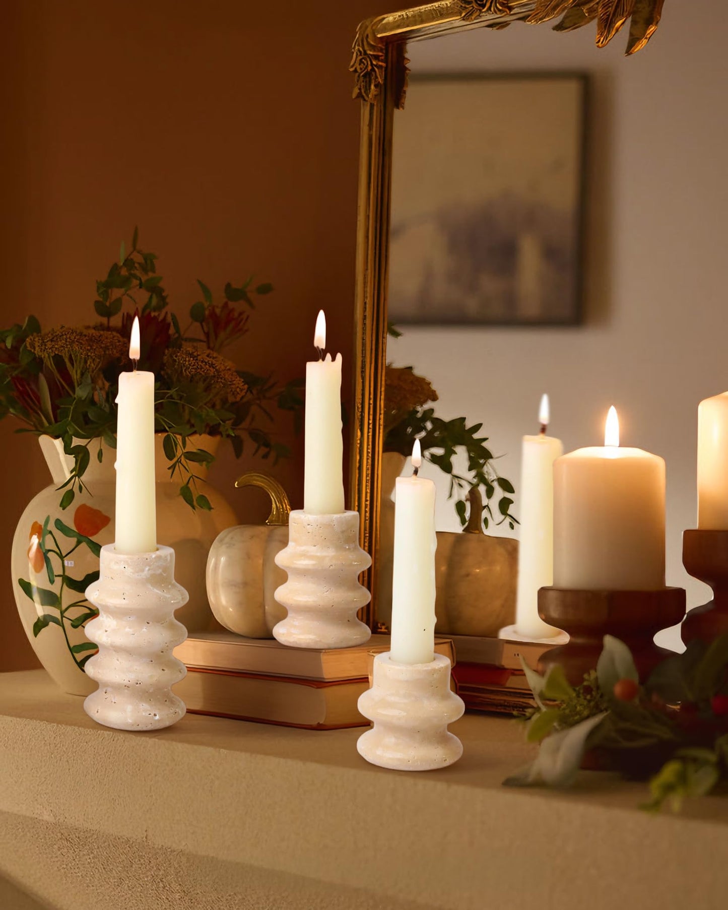 Vixdonos Marble Candle Holder Set of 2 Taper Candle Candlestick Mantle Candle Stand for Home Decor,Wedding,Party and Table Centerpieces(Brown)