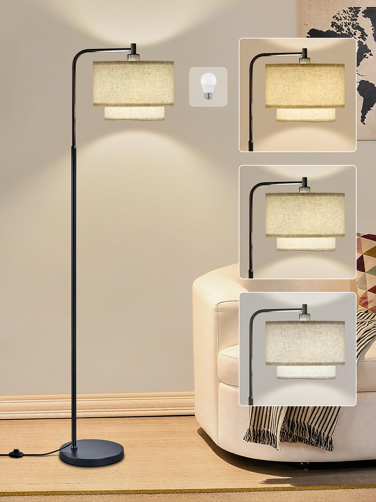 64" Modern Floor Lamp for Living Room Bedroom, Floor Lamp with 3 Color Temperatures, Standing Lamp with Double Oatmeal Linen Lampshade, Tall Lamp with A19 12W LED Bulb, Foot Switch Control, Black