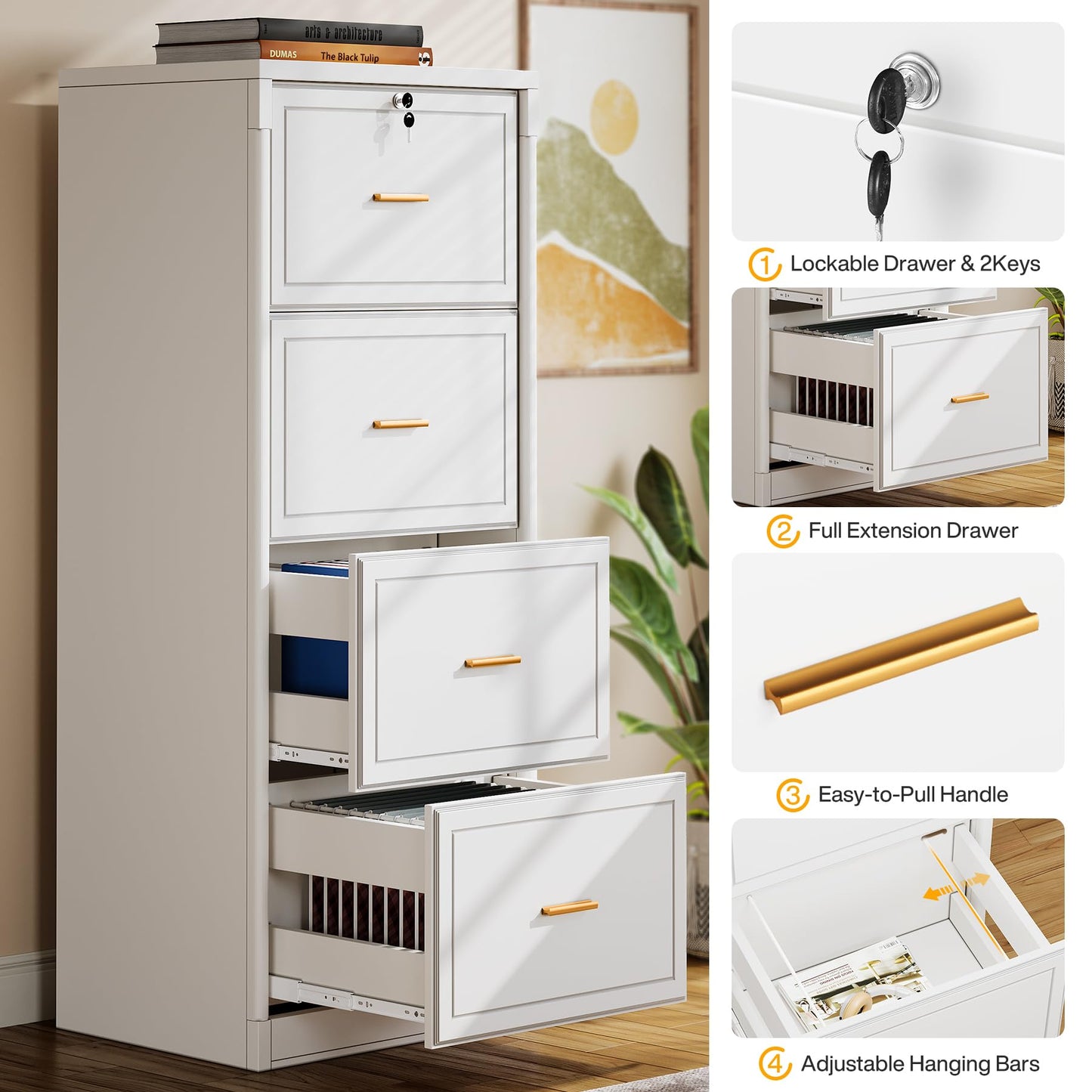 Tribesigns 4-Drawer File Cabinet with Lock, Locked File Cabinet with Key, Tall Wooden Filing Cabinets for Home Office, Vertical Office Storage for Legal Size/Letter/A4/Files, Brown