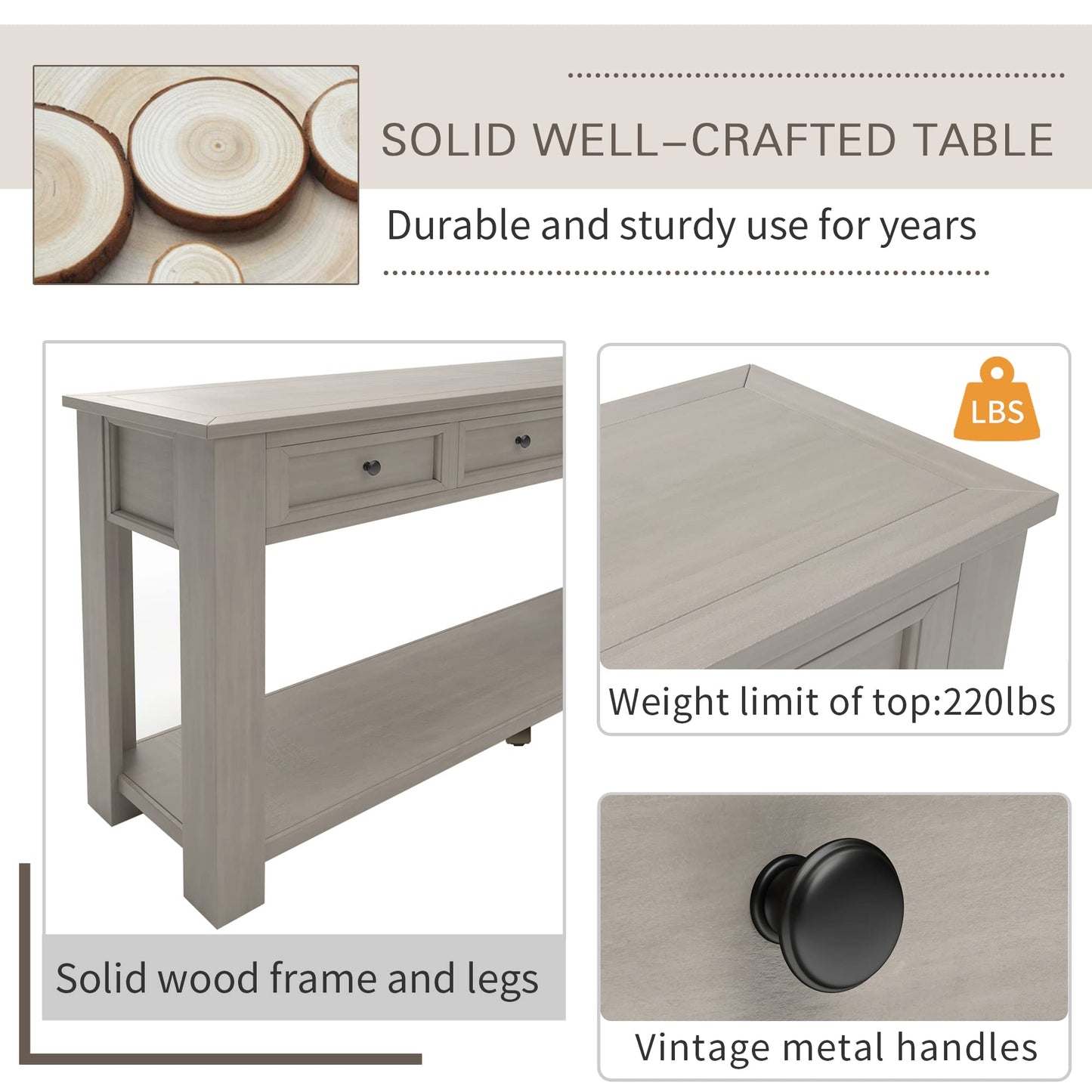 LKTART 63" Solid Wood Console Table Sofa Table with Storage Drawers and Bottom Shelf,Farmhouse Entryway Table for Hallway Foyer,Living Room,Easy Assembled (63" Espresso)