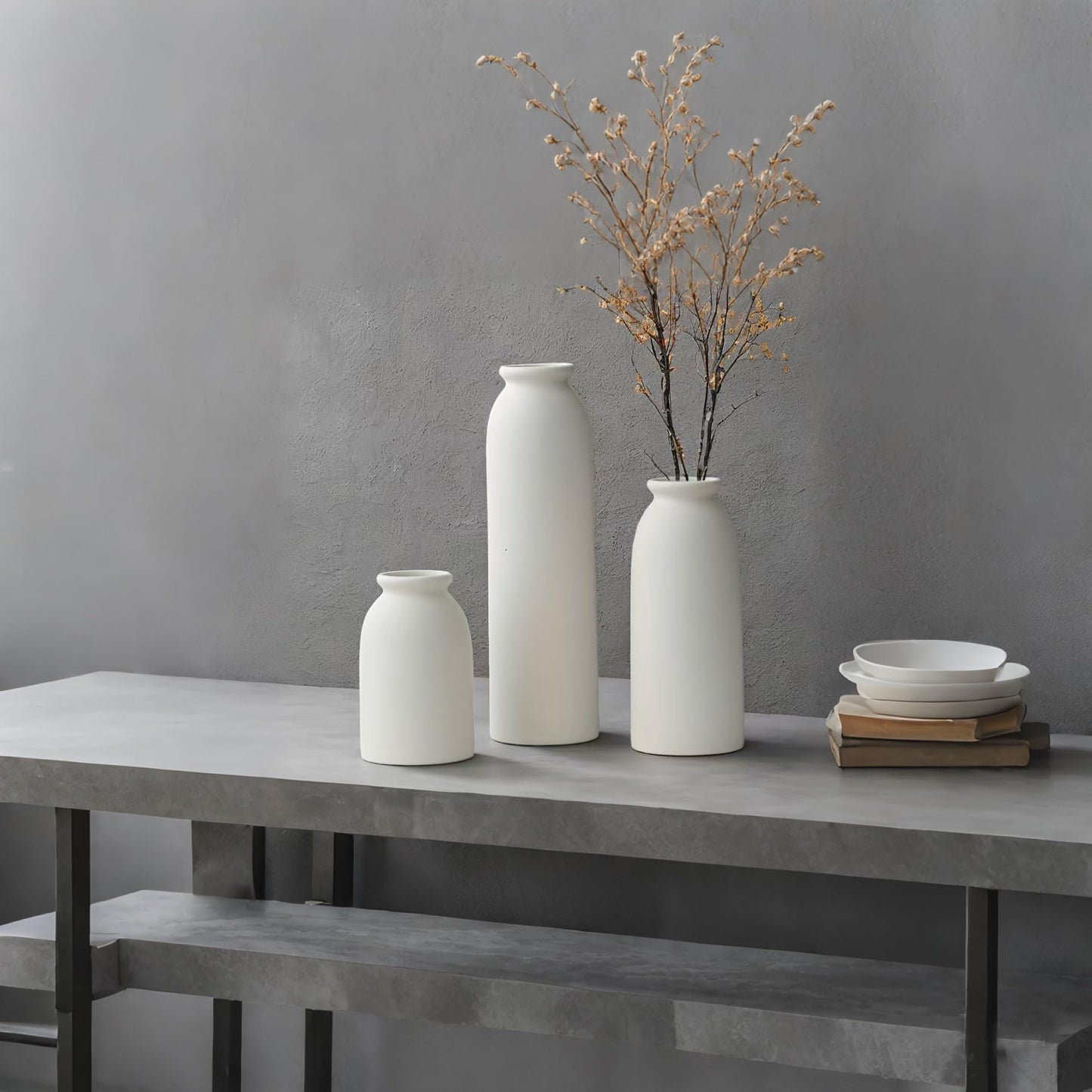 10.4 inches Tall Decorative Ceramic Vase Set, 3 Pieces, Nordic Modern Boho Style, White, Modern Farmhouse for Home Decor (Coffee Mix)