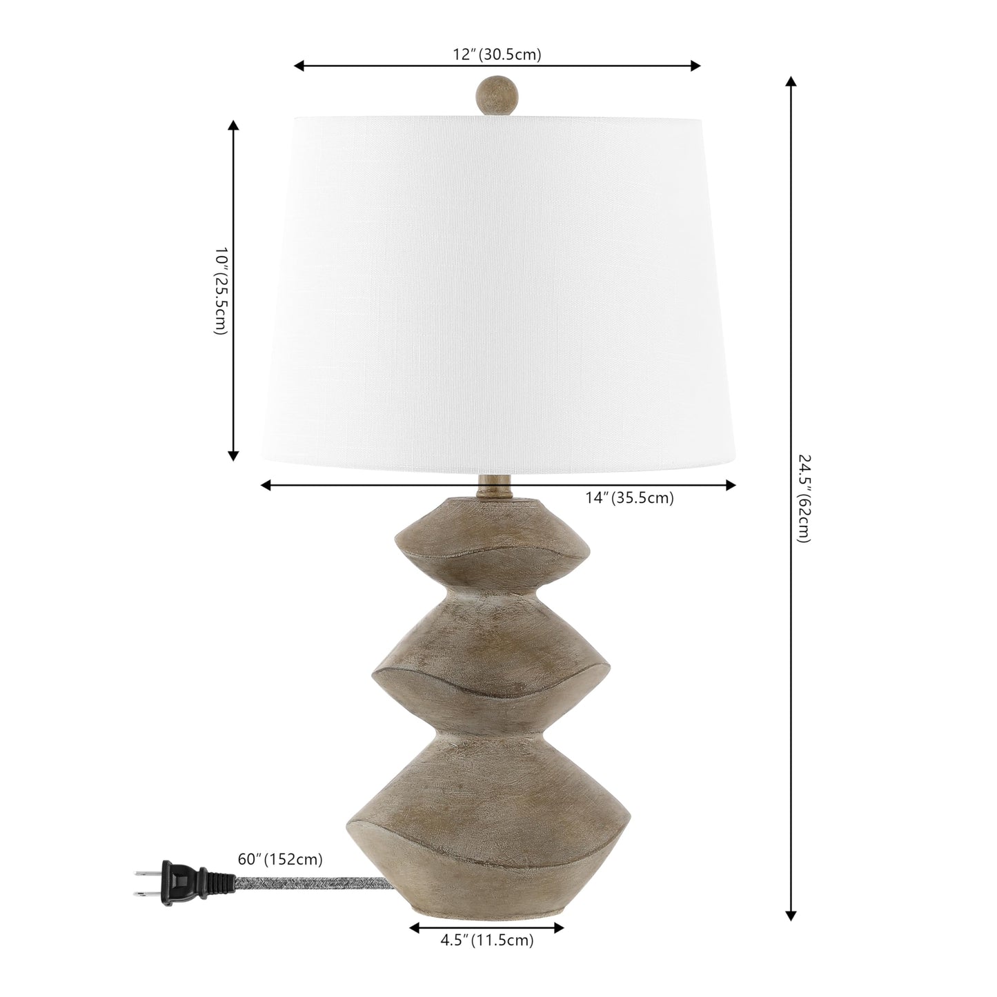 JONATHAN Y 24.5" Brown Wood Finish Coastal 3-Stack Cairn LED Table Lamp for Living Room, White Linen Shade, Rustic Mid-Century Modern Bedside Lamp for Bedroom Office JYL4061A