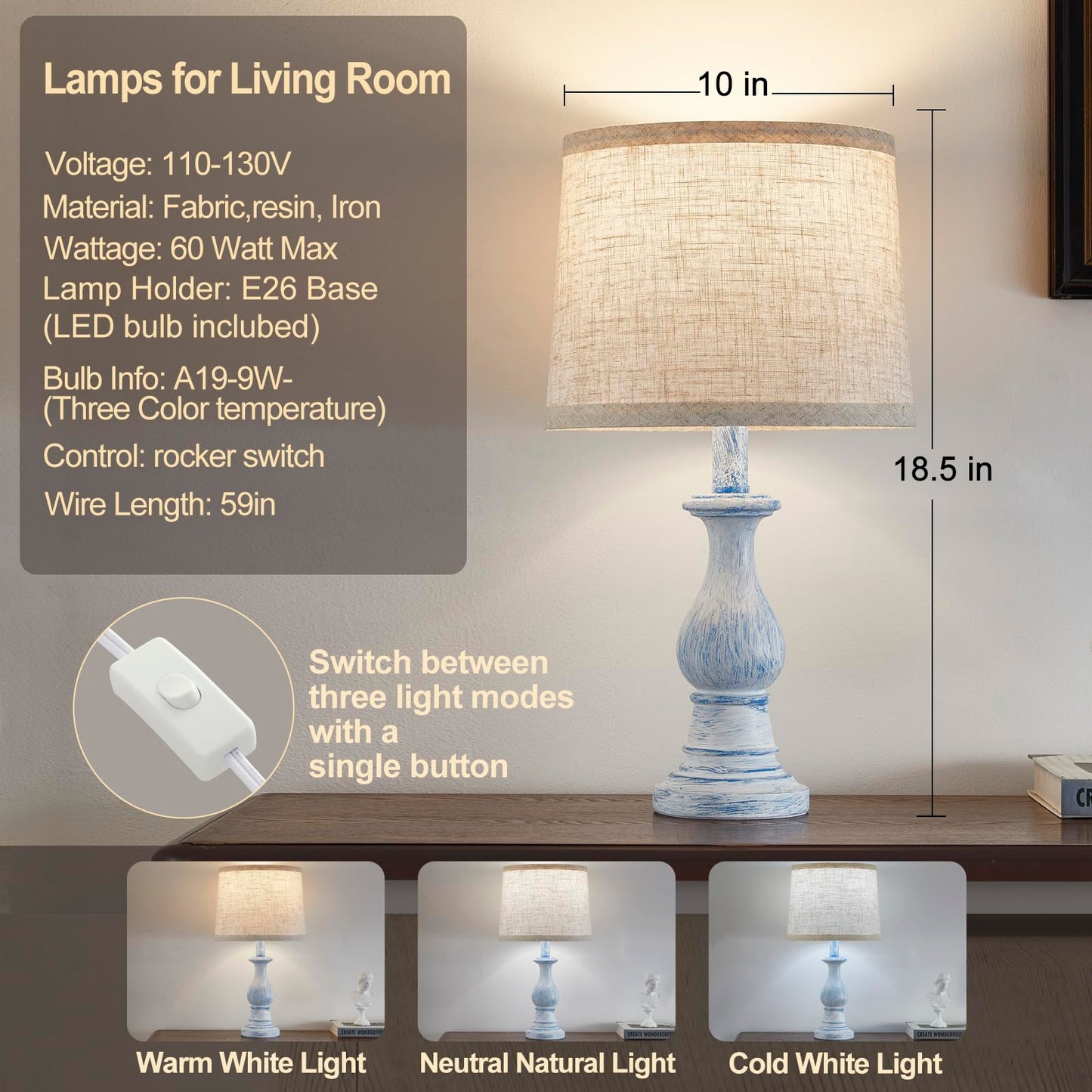 Vintage Table Lamp for Living Room Bedroom, 18.5" Farmhouse Bedside Lamps Nightstand Lamp Set of 2, Table Lamps with Oatmeal Linen Lamp Shades, 2 LED Bulbs Included