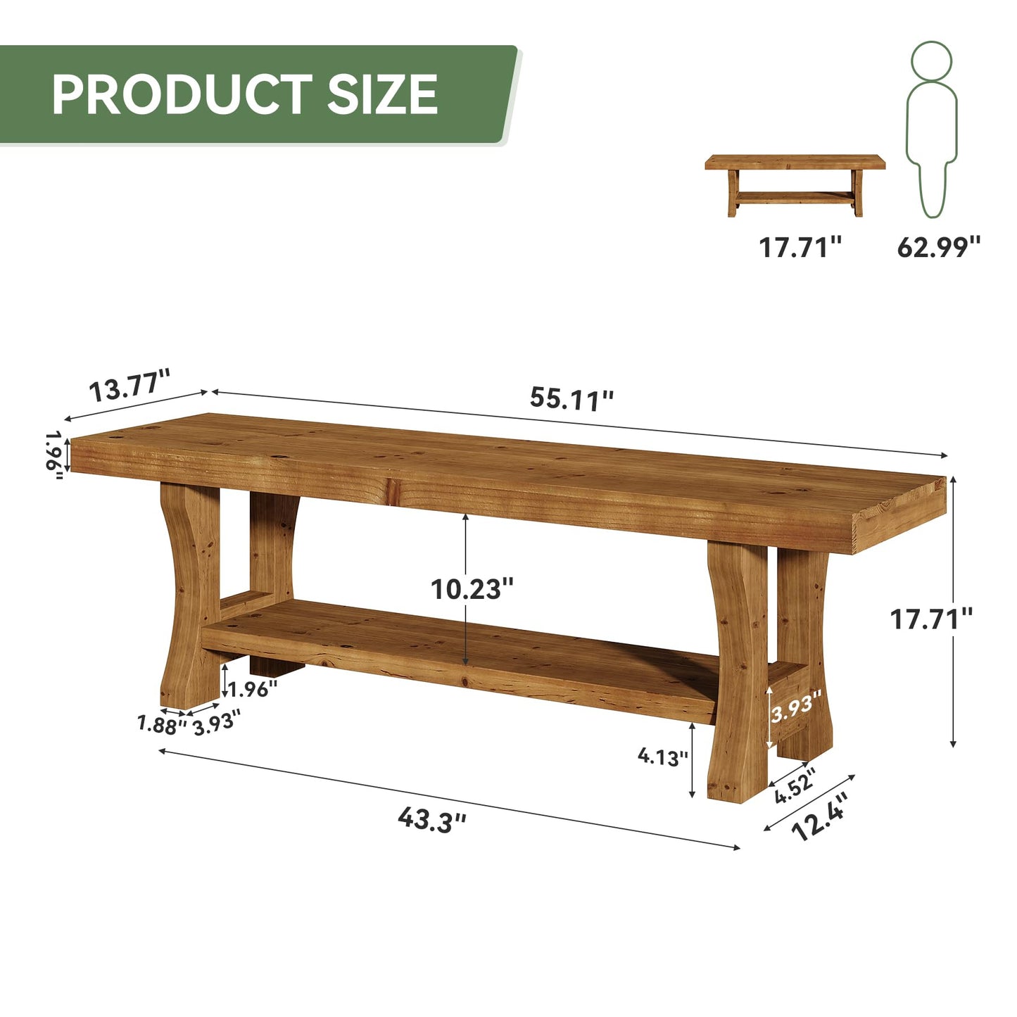 Solid Wood Entryway Bench, 55" End of Bed Bench, Long Indoor Dining Seat for Hallway, Bedroom, Living Room, Dining Room, Easy Assembly, Brown