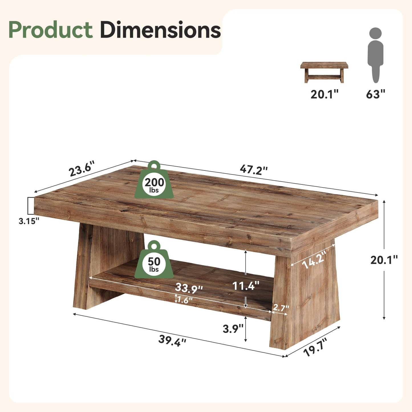 Solid Wood Coffee Table, 47-Inch Farmhouse Wooden Coffee Table for Living Room, 2-Tier Rectangular Center Table with Storage for Apartment, Home Office, Dark Brown