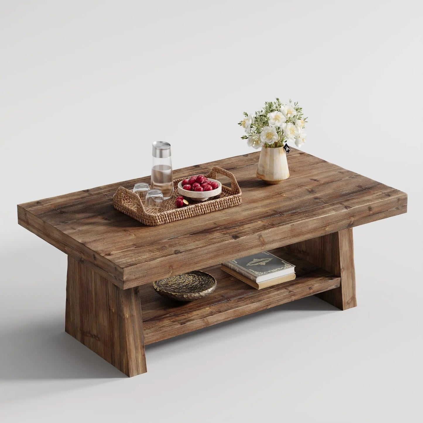 Solid Wood Coffee Table, 47-Inch Farmhouse Wooden Coffee Table for Living Room, 2-Tier Rectangular Center Table with Storage for Apartment, Home Office, Dark Brown