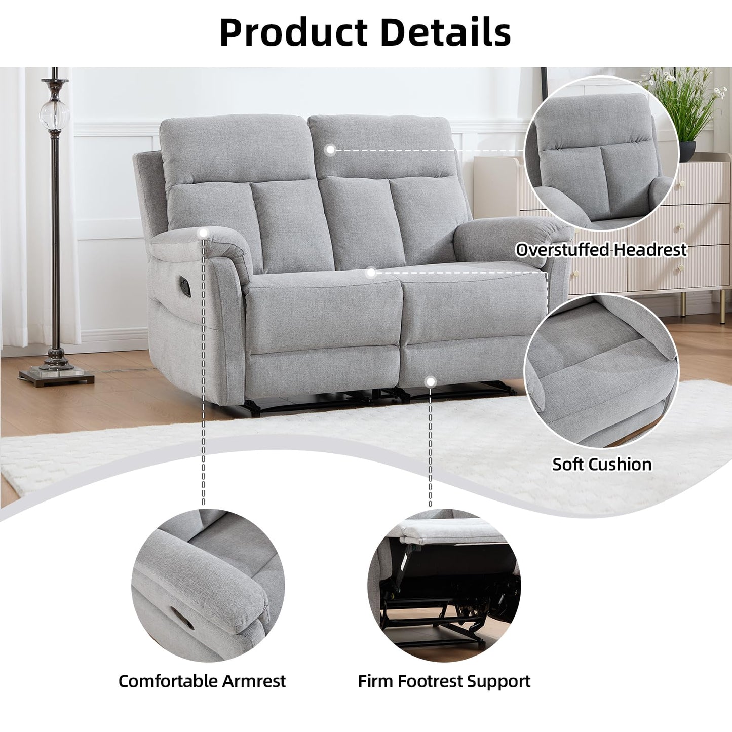 IOMOR Manual Reclining Loveseat, Soft Fabric Loveseat Recliner Couch for Adults with Overstuffed Arms and Back, Double Sofa Recliner for Living Room (Light Gray)