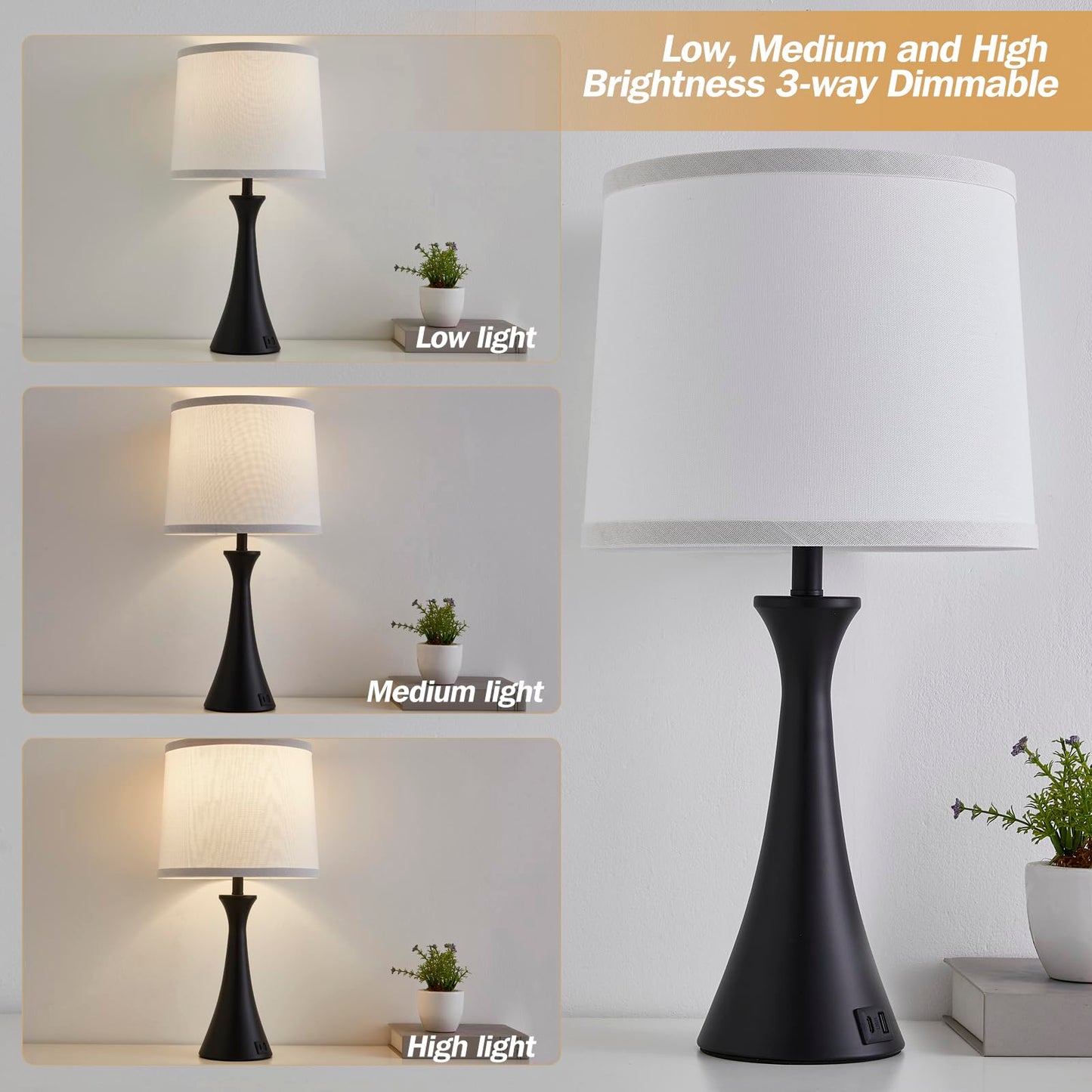Touch Lamp for Living Room Bedroom, 21" Table Lamps Set of 2 with USB C+A Ports, Touch Bedside Lamps for Nightstand with 3 Way Dimmable, 2 LED Bulbs Included, Black
