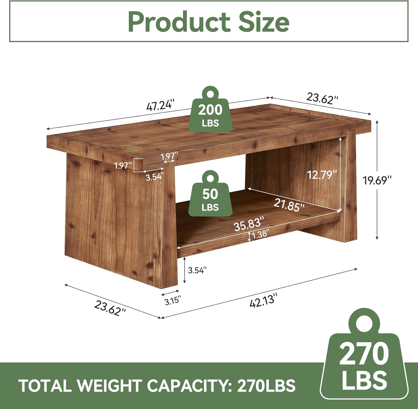 47" Solid Wood Coffee Table with Storage, Farmhouse Rectangular Coffee Table with 2-Tier Shelf & Raised Edge, Living Room Center Table, Rustic Brown