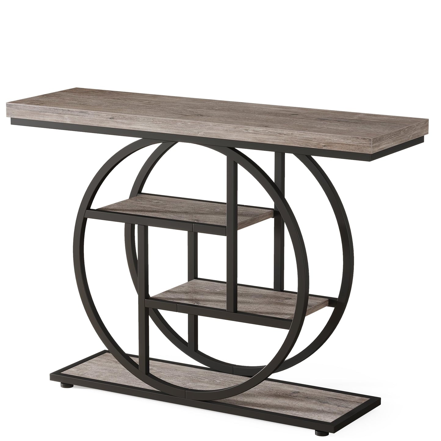 Tribesigns 41.3" Console Table, Industrial 4-Tier Sofa Table Entryway Table with Circle Base, Narrow Wood Accent Tables with Storage Shelves for Living Room, Hallway, Foyer, Rustic Brown