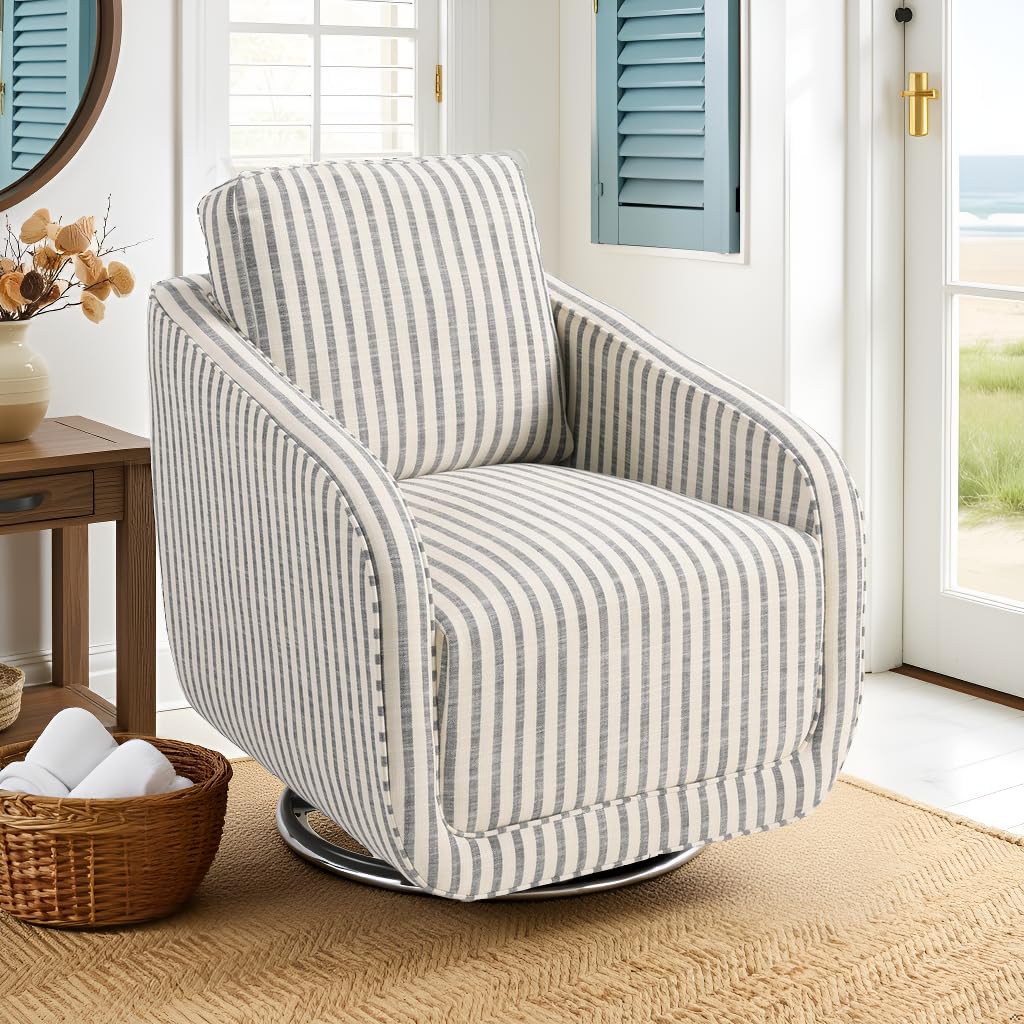IOMOR Swivel Barrel Accent Chair, 360 Degree Comfy Swivel Reading Chair with Removable Back, Modern Sofa Chair with Oversize Base for Living Room, Bedroom, Office, Fully Assembled (1, Blue Stripe)