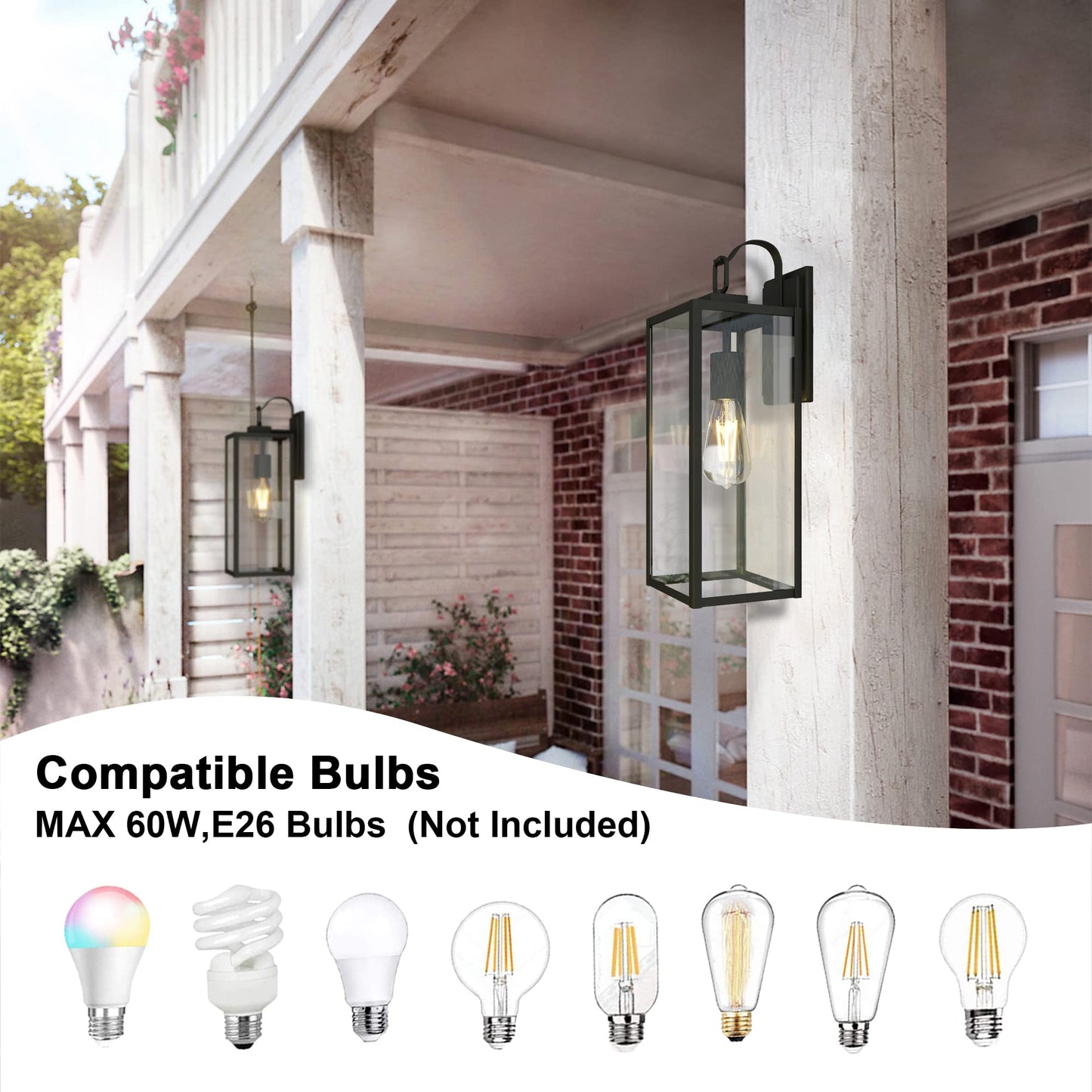 18 Inch Dusk to Dawn Outdoor Wall Light Fixtures, Large Exterior Waterproof Light Fixtures, Black Modern Porch Lights with E26 Sockets & Glass Shades, Wall Sconces for Patio, Garage, Front Door