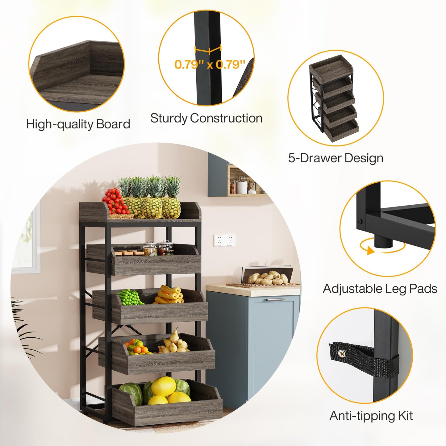 Tribesigns Wood Fruit and Vegetable Storage Rack, 5-Tier Pull-Out Snack Stand Fruit Basket Stand, Utility Shelf Organizer for Kitchen, Living Room, Bedroom, Rustic Brown