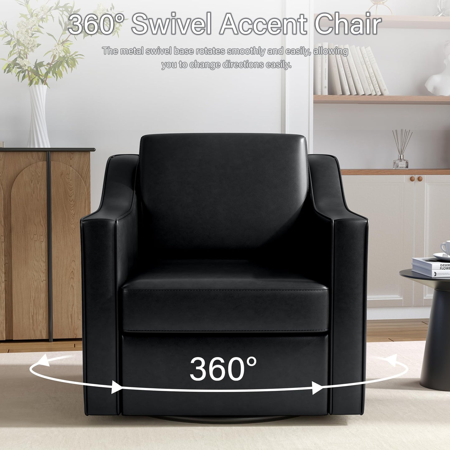 Swivel Accent Chairs Set of 2, 360° Swivel Upholstered Faux Leather Club Armchairs for Living Room, Comfy Single Sofa Reading Chair with Deep Seat, Metal Swivel Base, Coffee