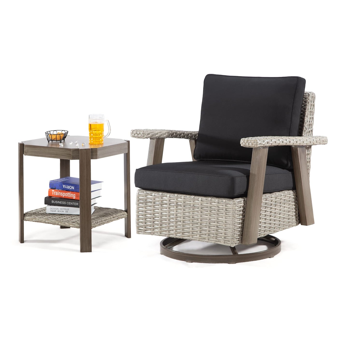 Joyside Patio Chair - Outdoor 360 Degree Swivel Rocker Chair with Durable Fabric Cushion and Ergonomic Structure, Patio Wicker Dining Chair(Grey/Dark Blue)