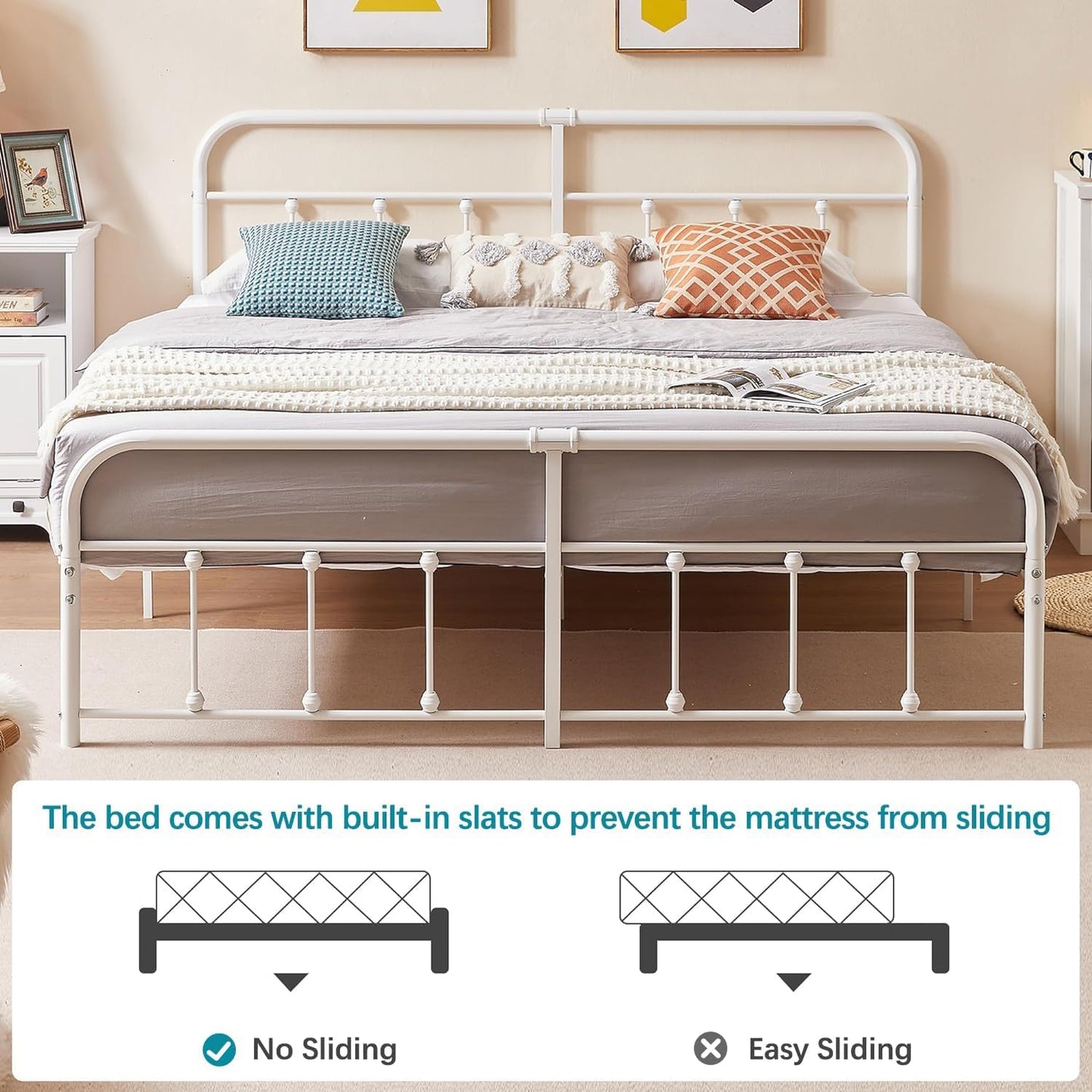 VECELO King Size Victorian Style Metal Bed Frame with Headboard/Mattress Foundation/No Box Spring Needed/Under Bed Storage and Strong Slat Support Purple Bronze