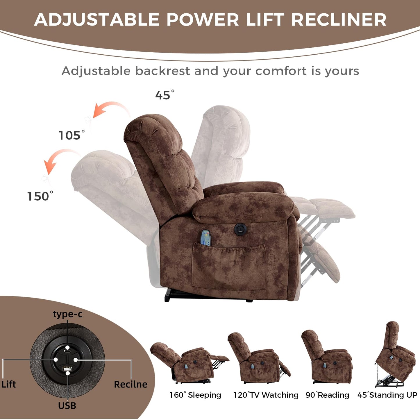 IOMOR Large Power Lift Recliner with Massage and Heat for Elderly, Heavy Duty & Safety Motion Reclining Mechanism, Ergonomic Electric Wider Chair with USB Port, 2 Hidden Cup Holders (1, Brown)