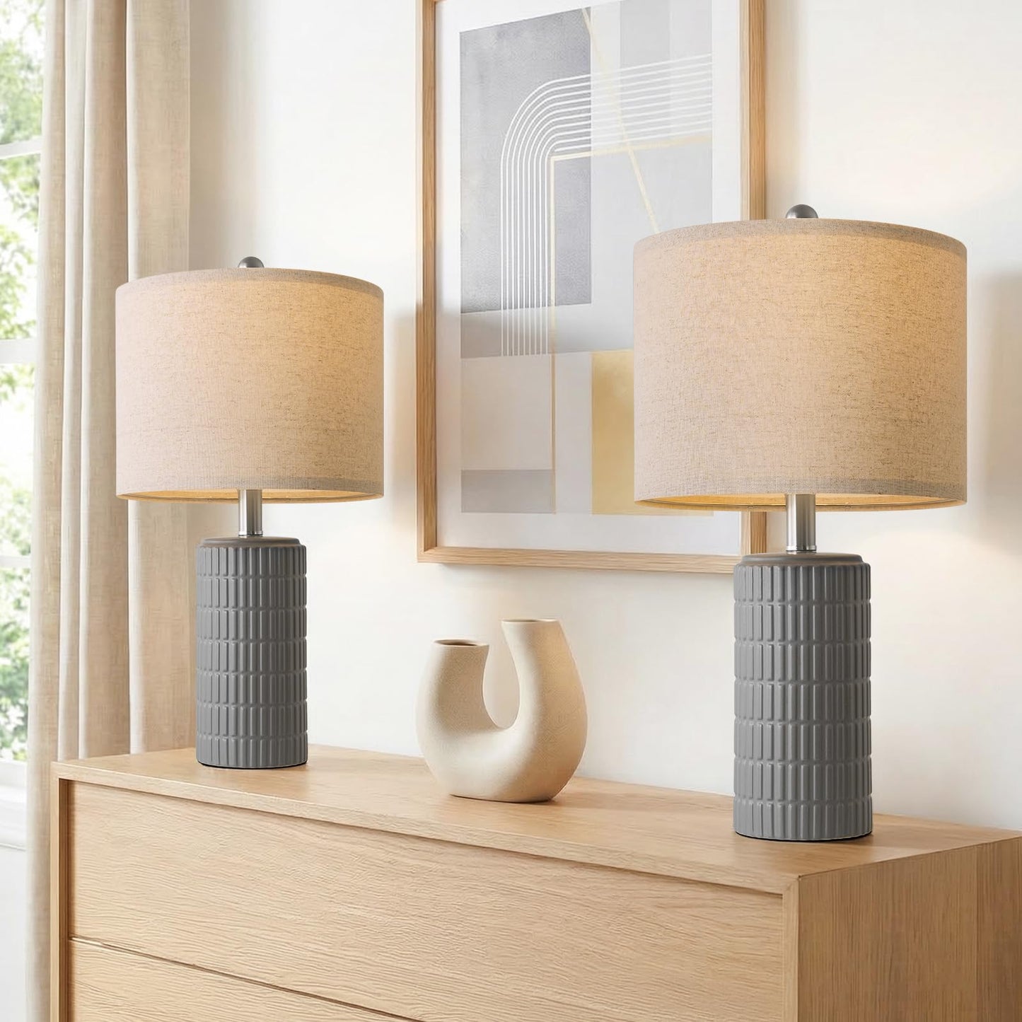 PoKat 20.75" Small Modern Ceramic Table Lamps Set of 2 for Bedroom, White Bedside Lamps for Night Stands, Farmhouse Desk Decor Gift Nightstand Table Lamps for Living Room End Table Beige